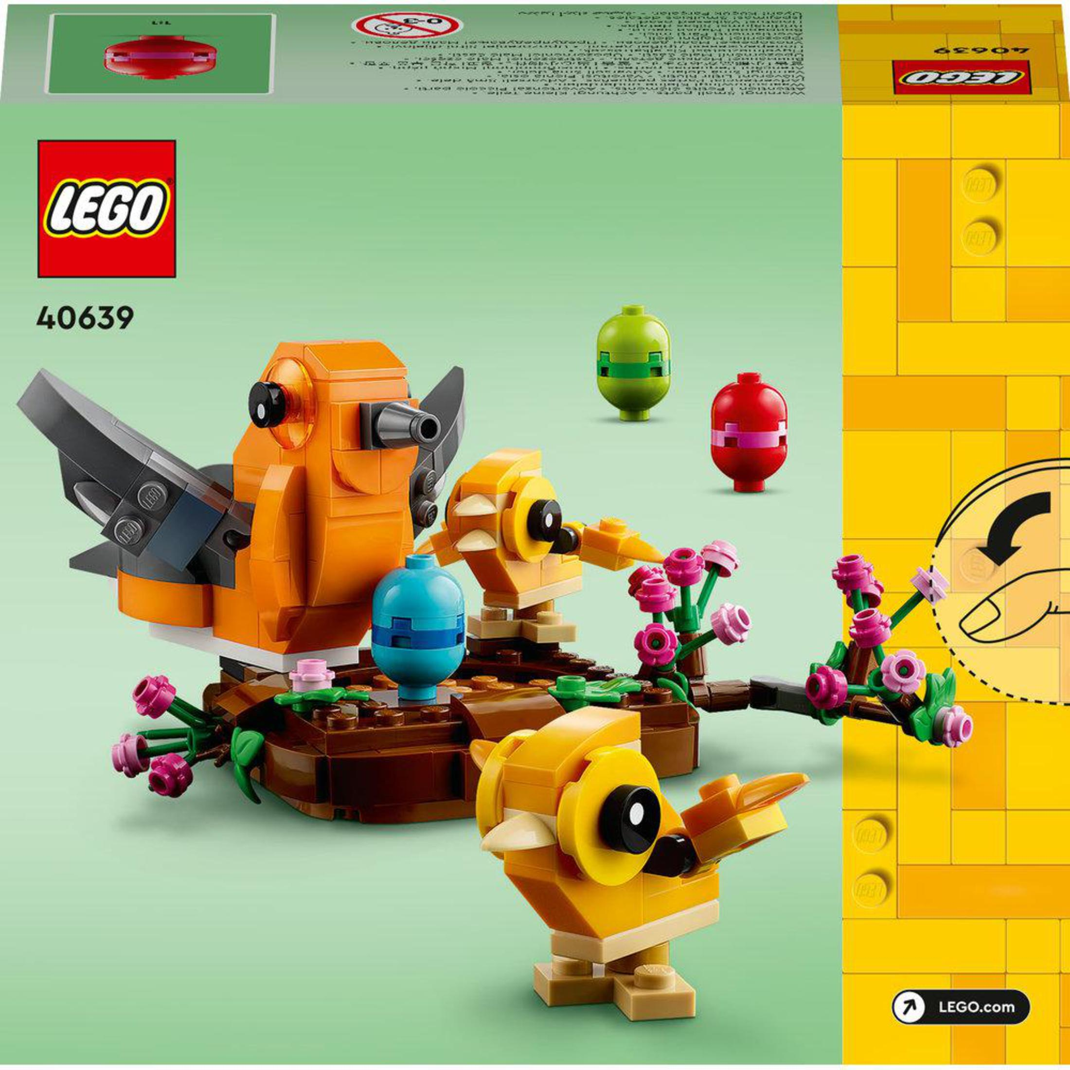 Ein LEGO Vogel-Bausatz mit drei Vögeln: einem orangefarbenen, einem gelben und einem grünen Vogel.