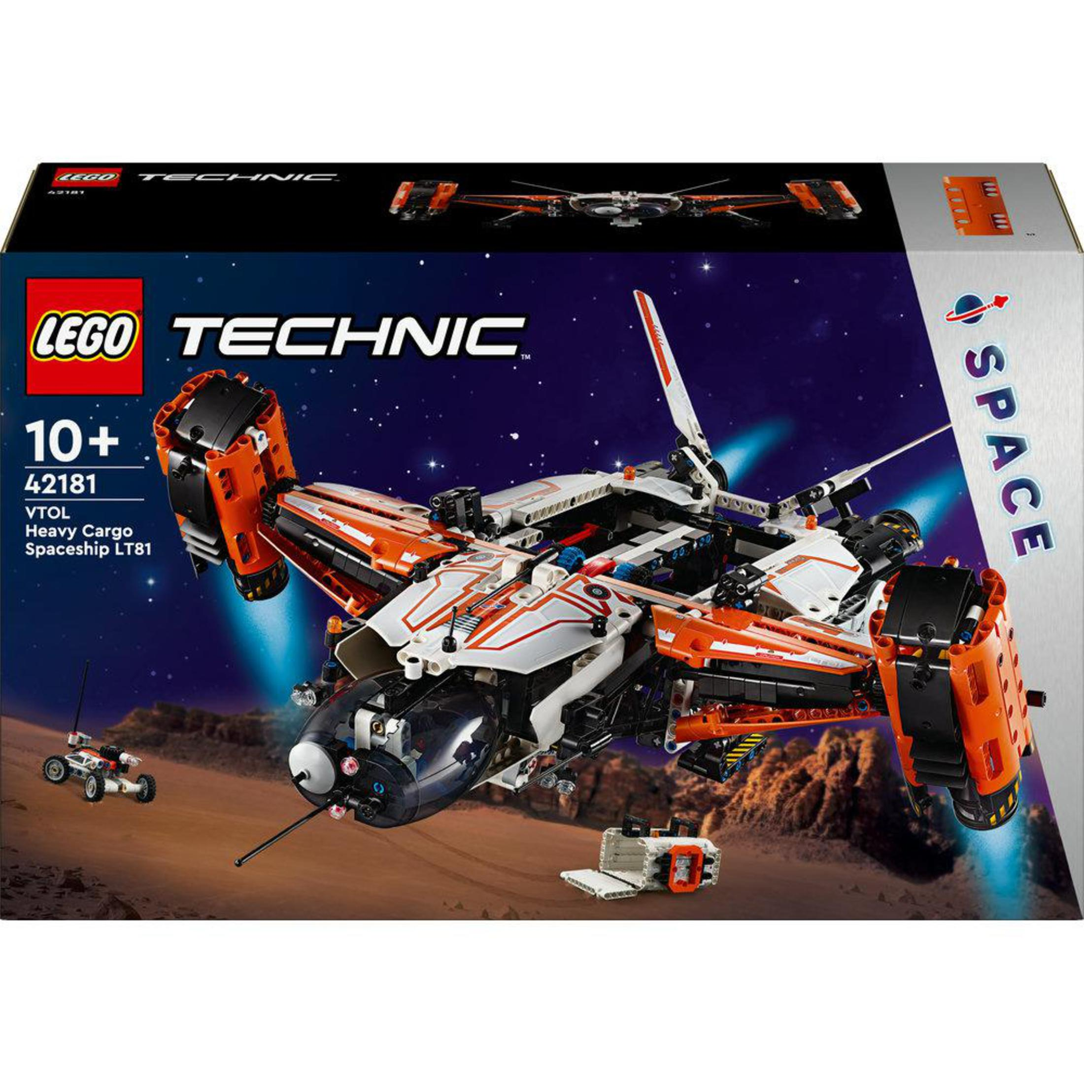 Lego Technic kutusu, turuncu ve beyaz detaylara sahip bir VTOL uzay gemisi modeli ve küçük bir gezgin gösteriyor.