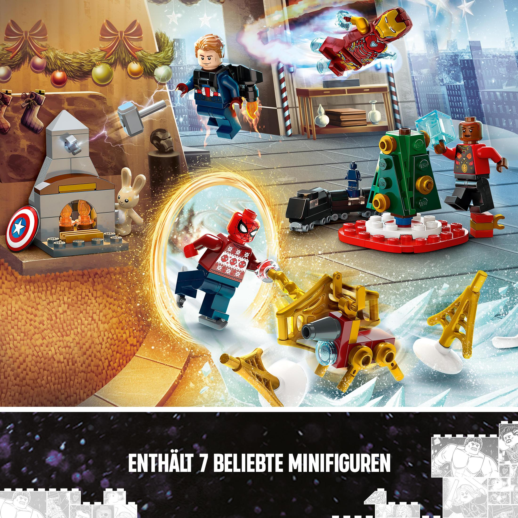 Zestaw Lego Marvel z minifigurkami, w tym Spider-Manem, w scenie świątecznej.
