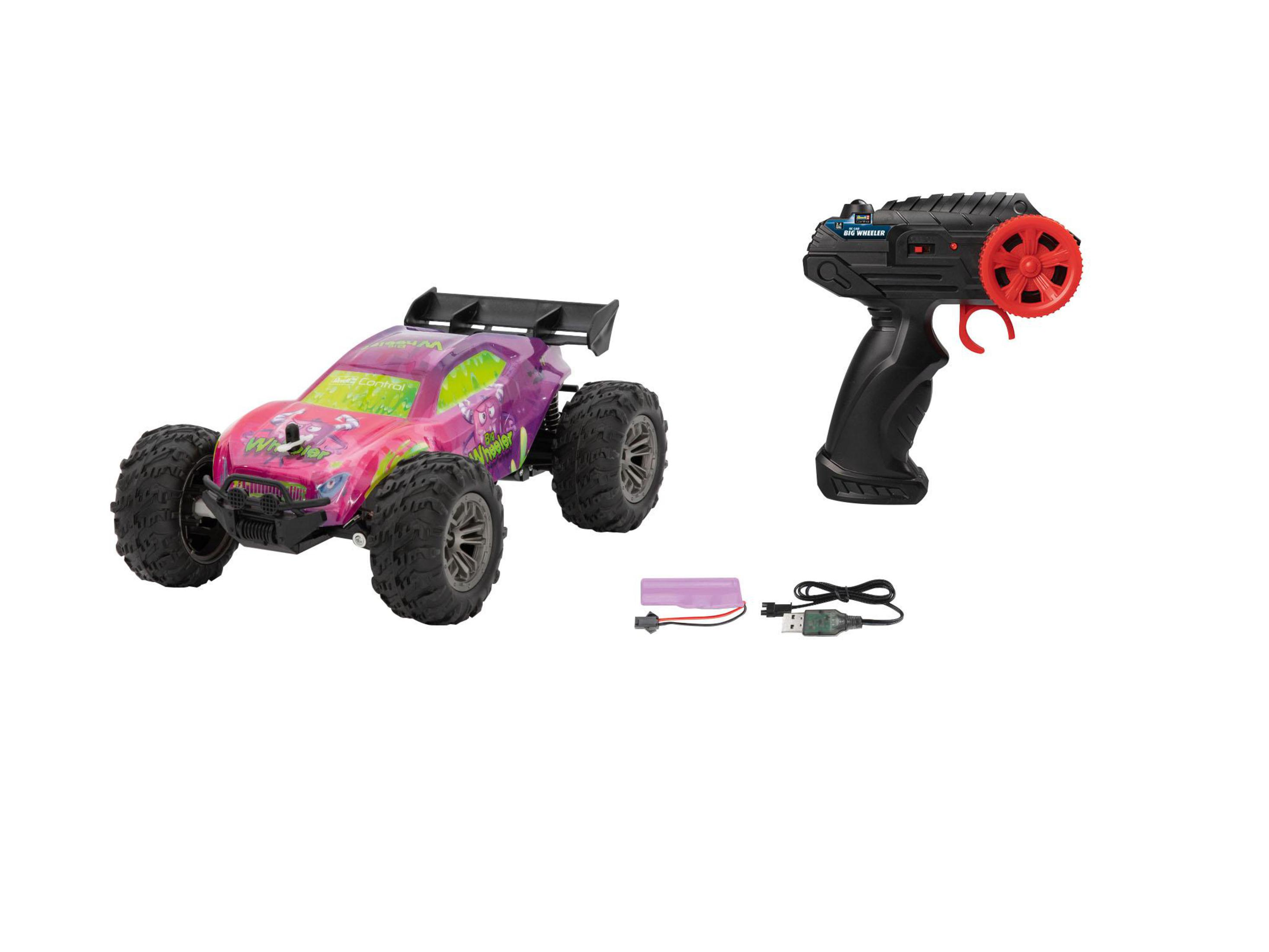 Rosa-lila RC-Auto mit Fernbedienung und Zubehör auf weißem Hintergrund.
