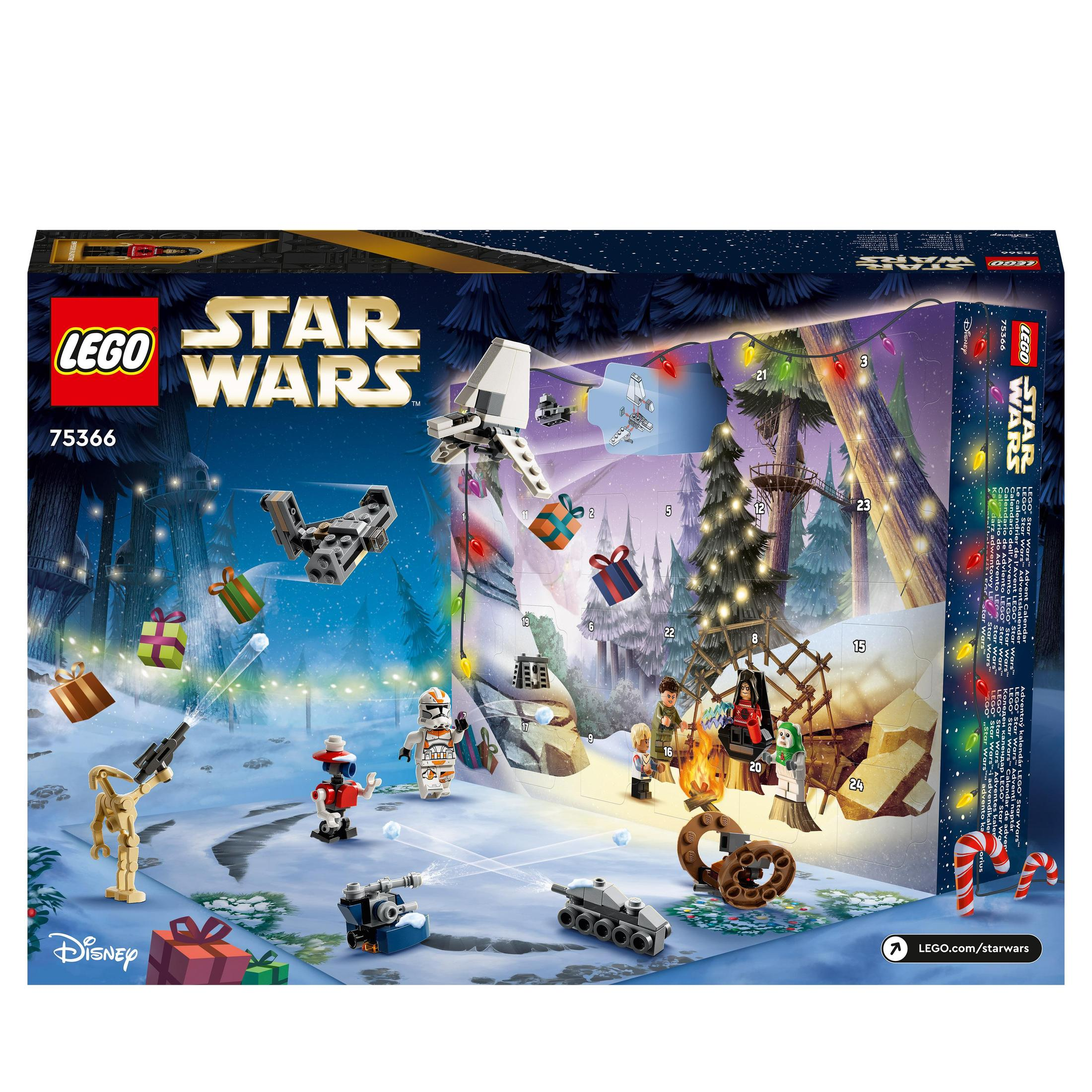 Pudełko kalendarza adwentowego Lego Star Wars z różnymi świątecznymi scenami i postaciami.