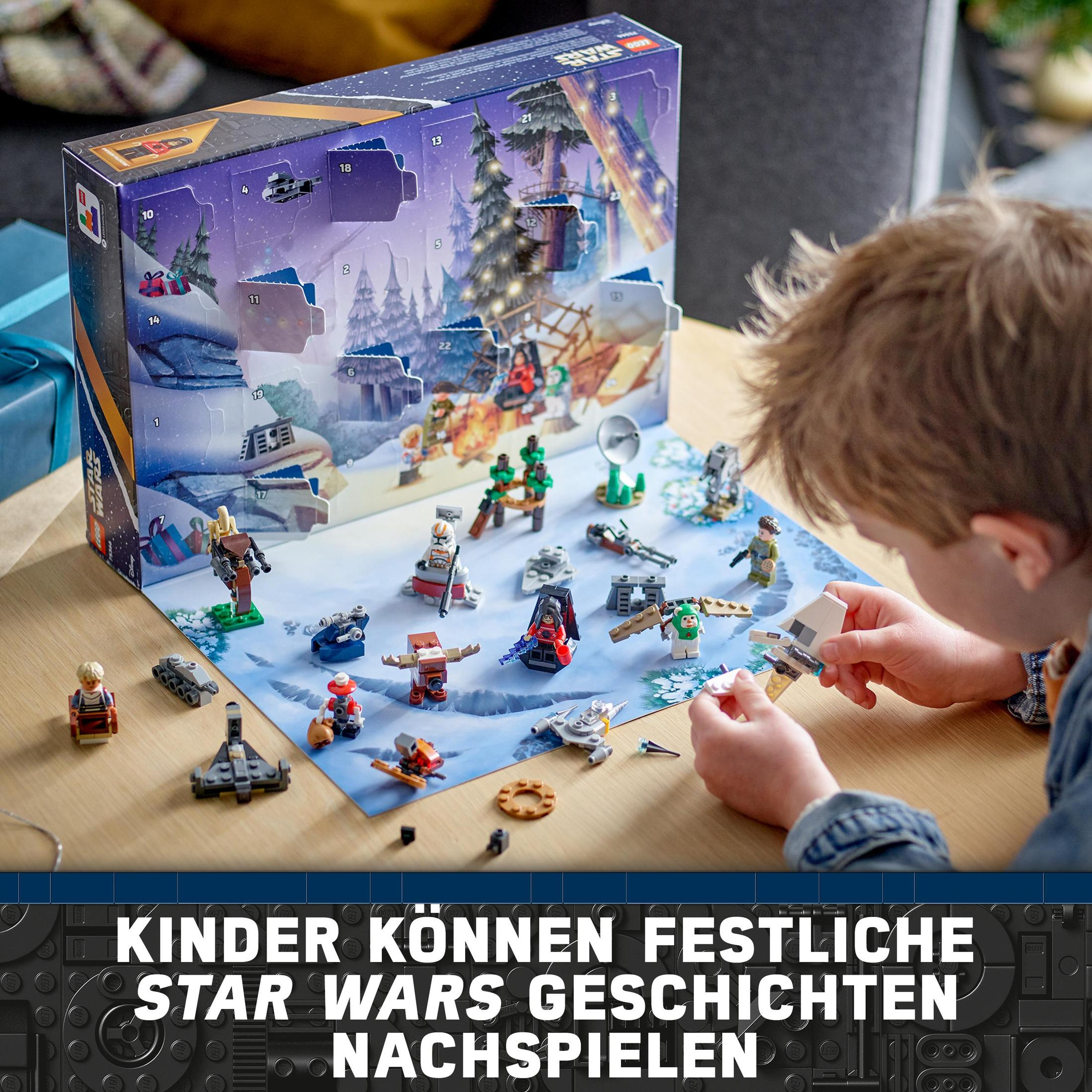 Dziecko bawiące się kalendarzem adwentowym Star Wars, z figurkami Lego i śnieżną scenerią.