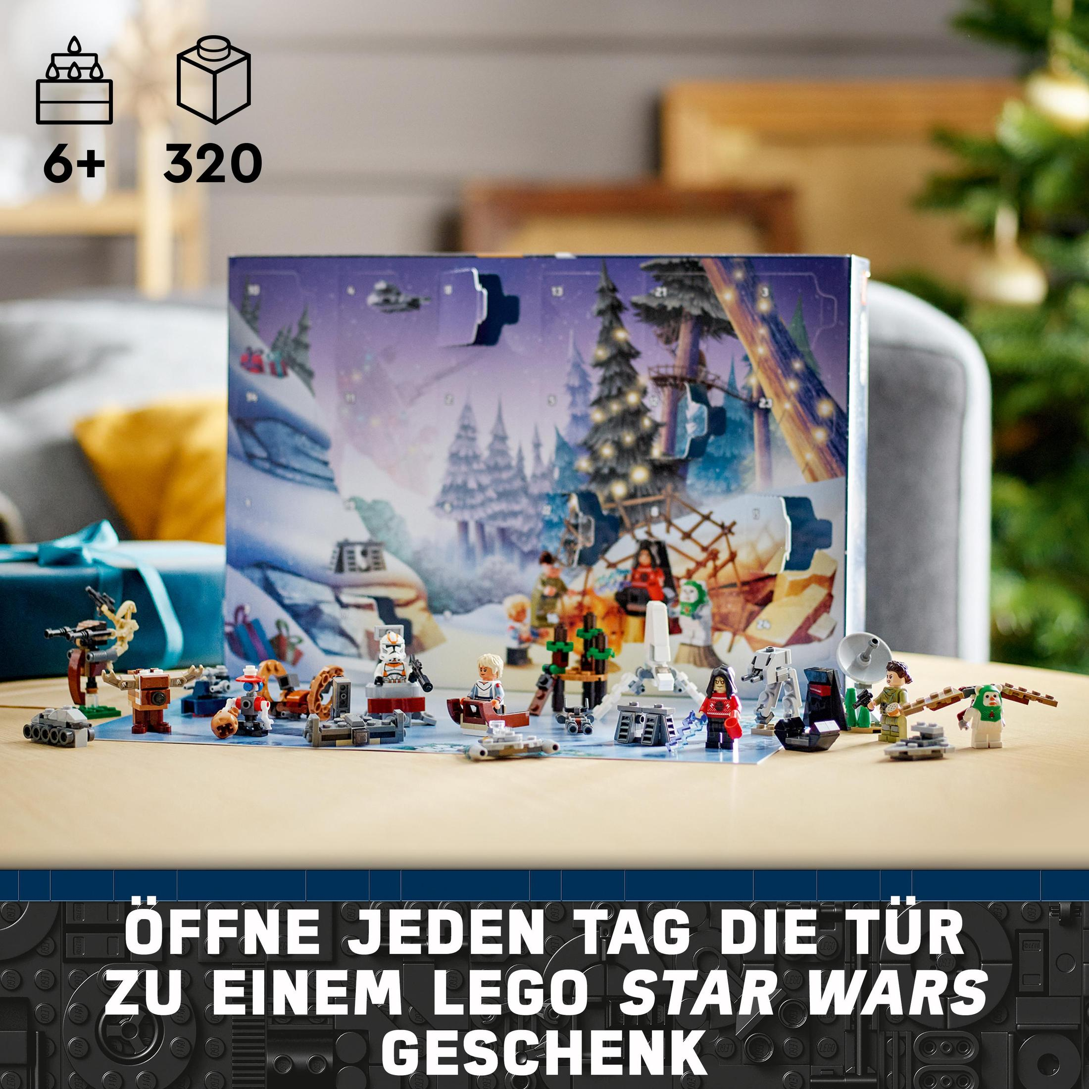 Kalendarz adwentowy Lego Star Wars, z otwartymi drzwiami ukazującymi różne minifigurki i modele na stole.