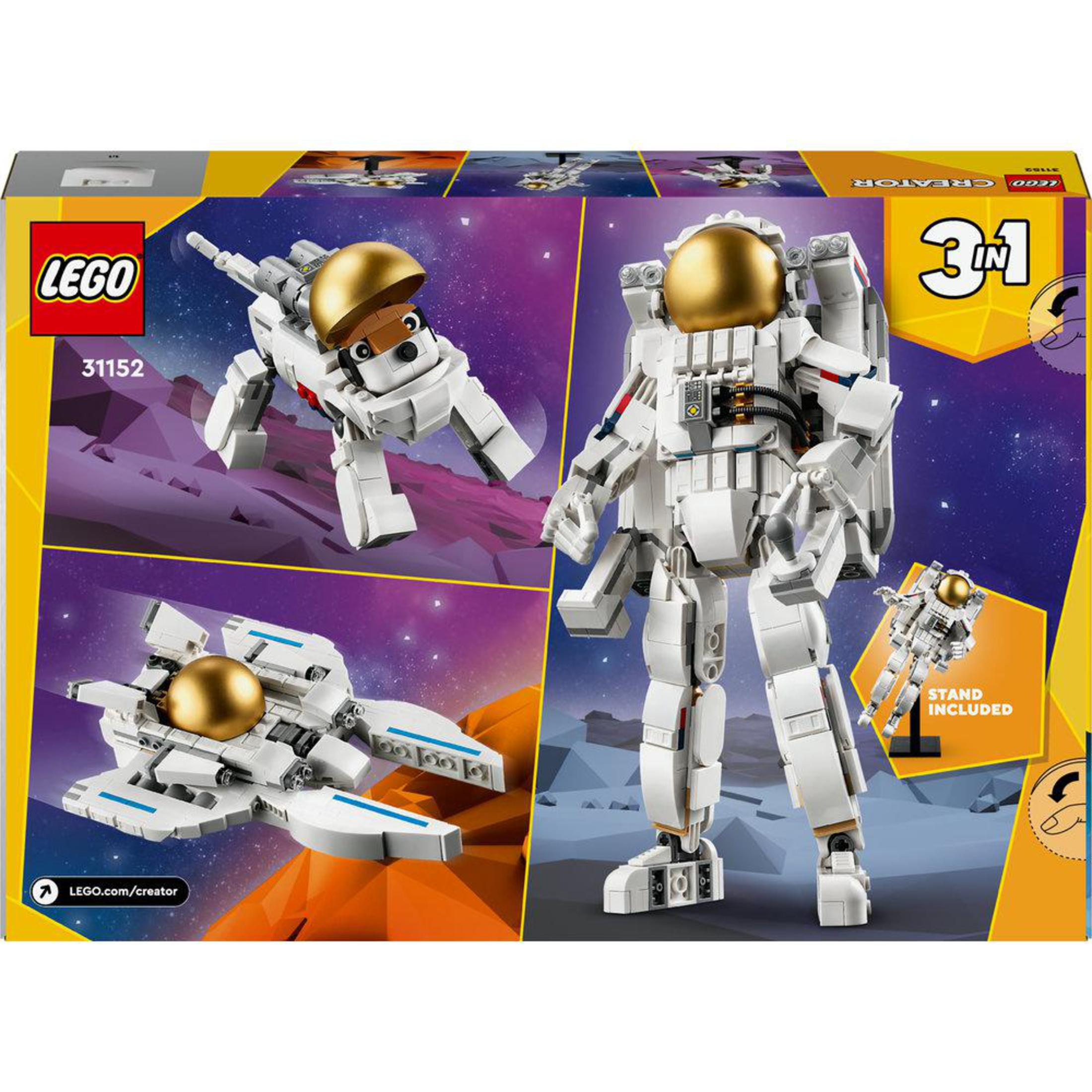 Pudełko zestawu LEGO z astronautą, psem i modelami statków kosmicznych. Zawiera złoty hełm i białe kombinezony.