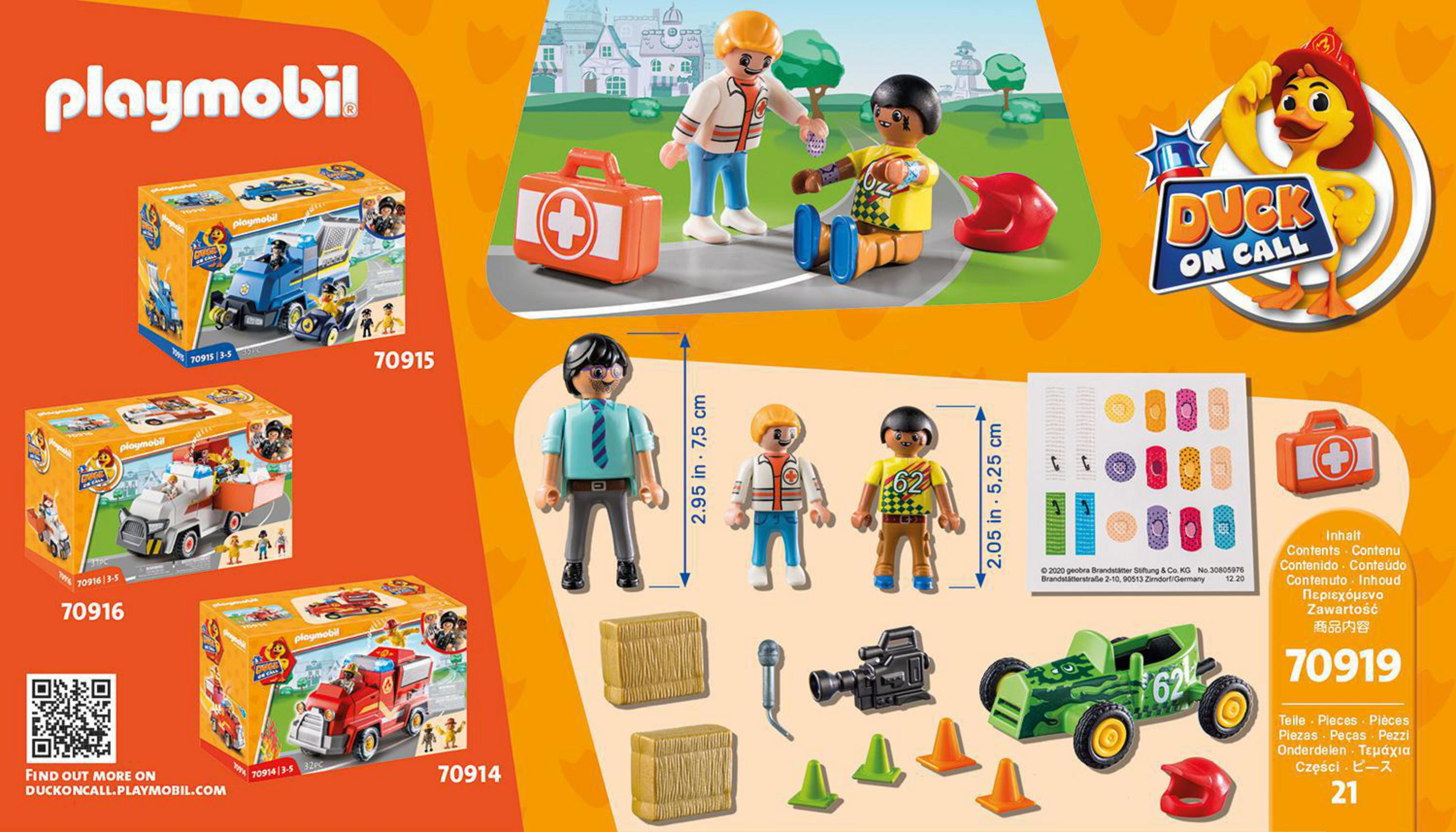 Zestaw Playmobil z figurkami i pudełkami. Pudełka ze zdjęciami figurek i pojazdów. Kolory biały i żółty.