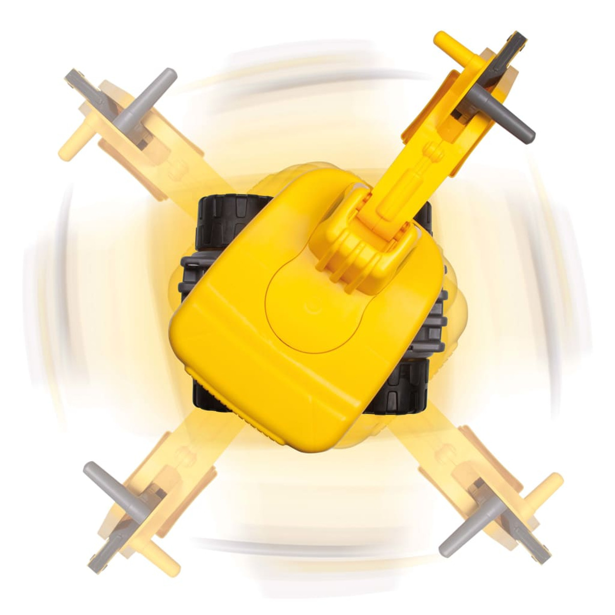 Żółty dźwig zabawkowy z obracającymi się ramionami na białym tle.