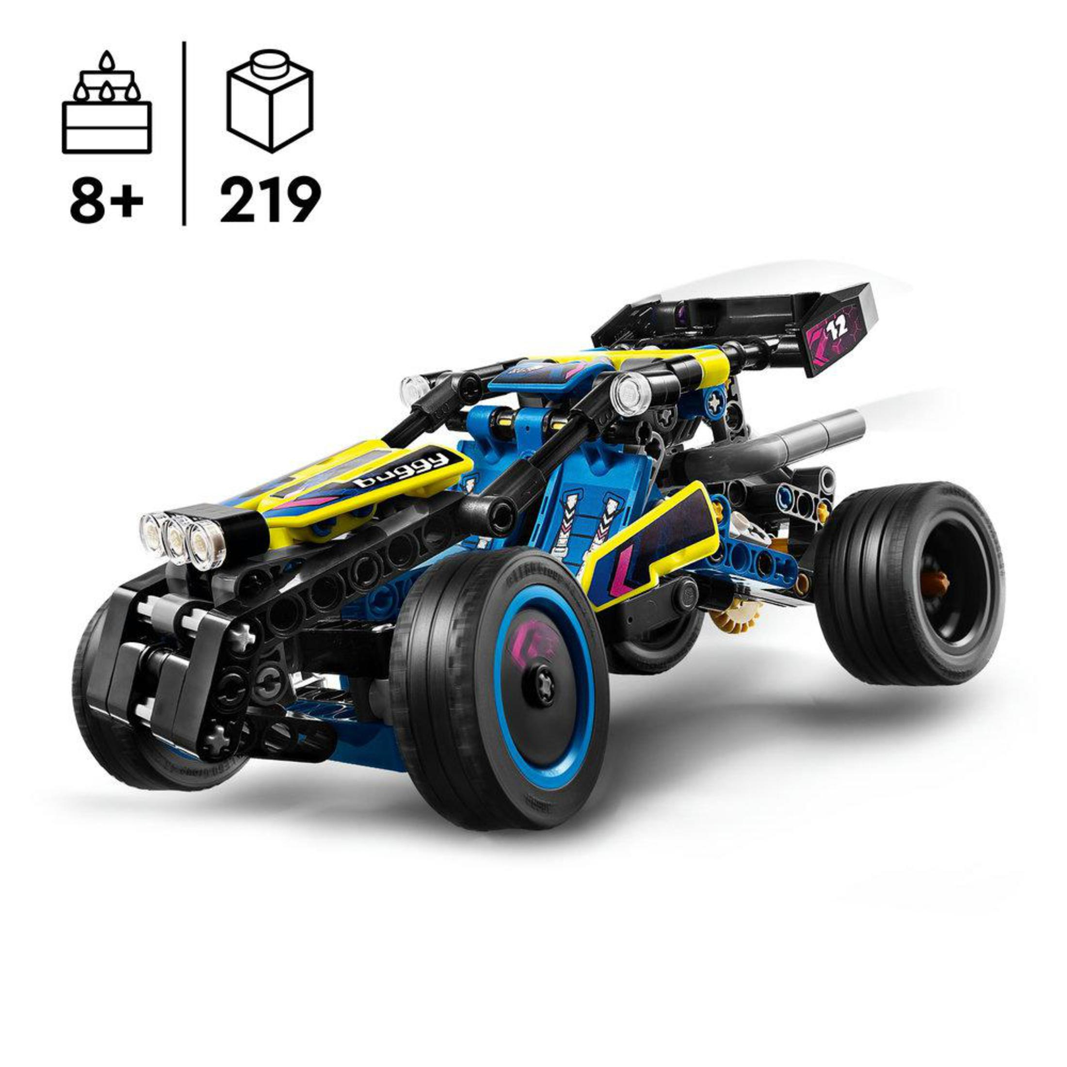 Mavi ve sarı vurgulara sahip Lego Technic yarış arabası modeli. Set 8+ yaş içindir.