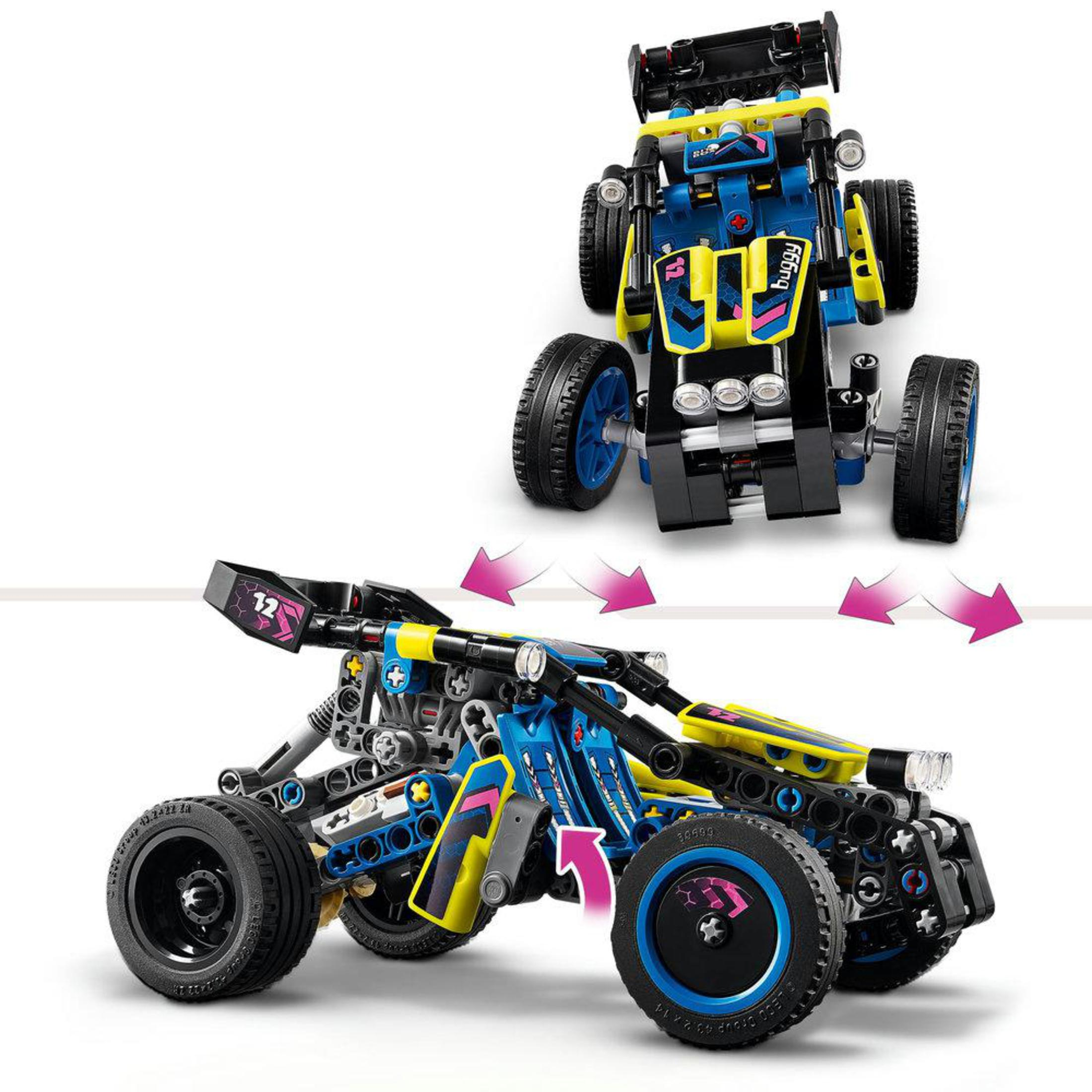 LEGO Technic buggy araba modelleri, biri monte edilmiş, diğeri parçalar halinde, oklarla inşaat sürecini gösteriyor.