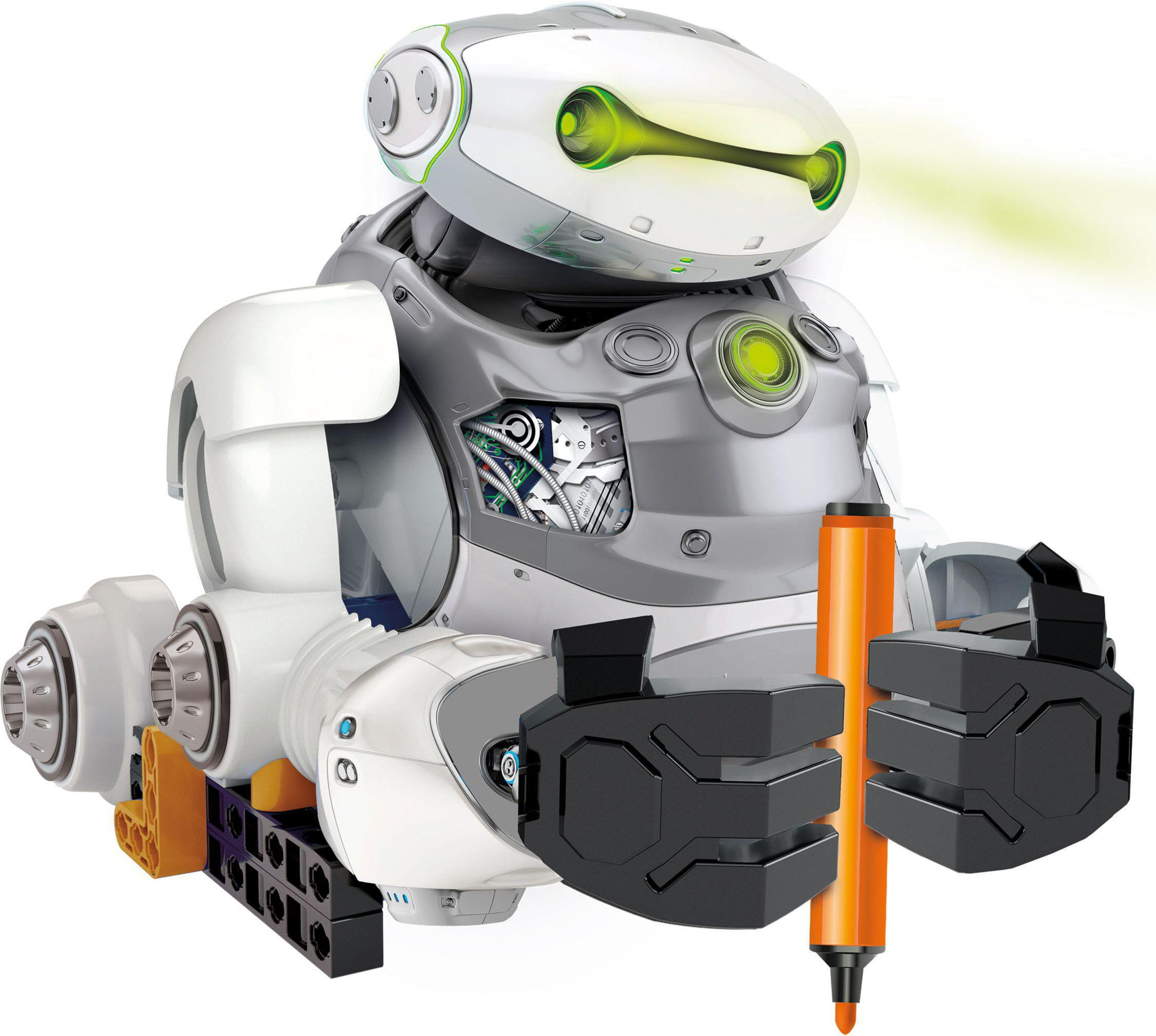 Un robot blanc et gris avec un marqueur orange.