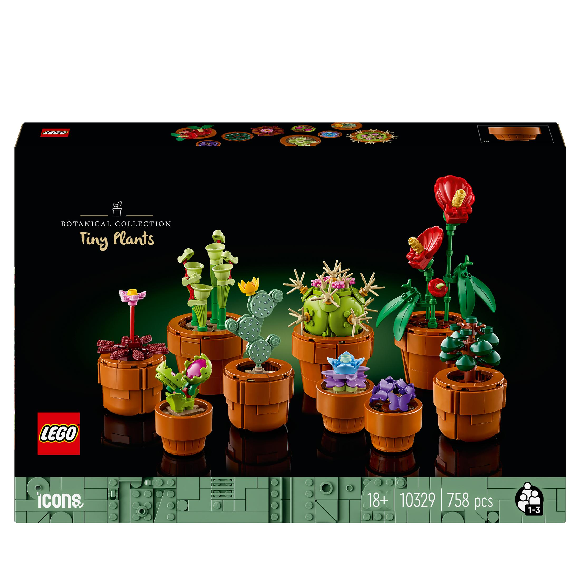 Pudełko Lego Botanical Collection z różnymi modelami małych roślin w brązowych doniczkach. Ciemnozielone tło.
