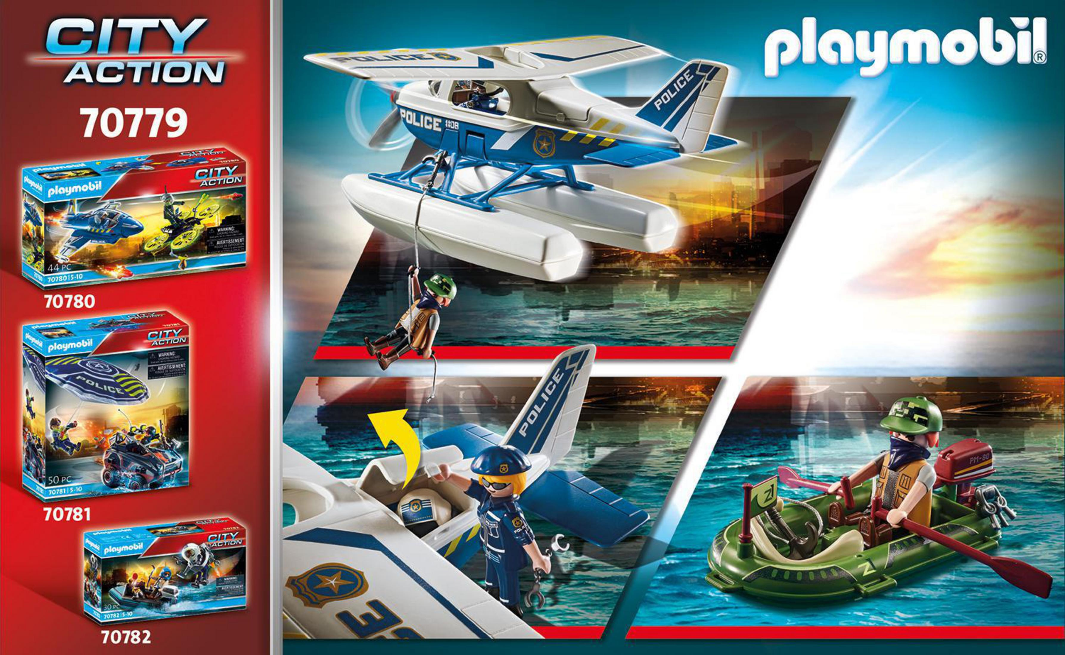 Playmobil City Action Set. Flugzeug im Polizei-Design, eine Figur, die sich daran abseilt, und ein Boot.