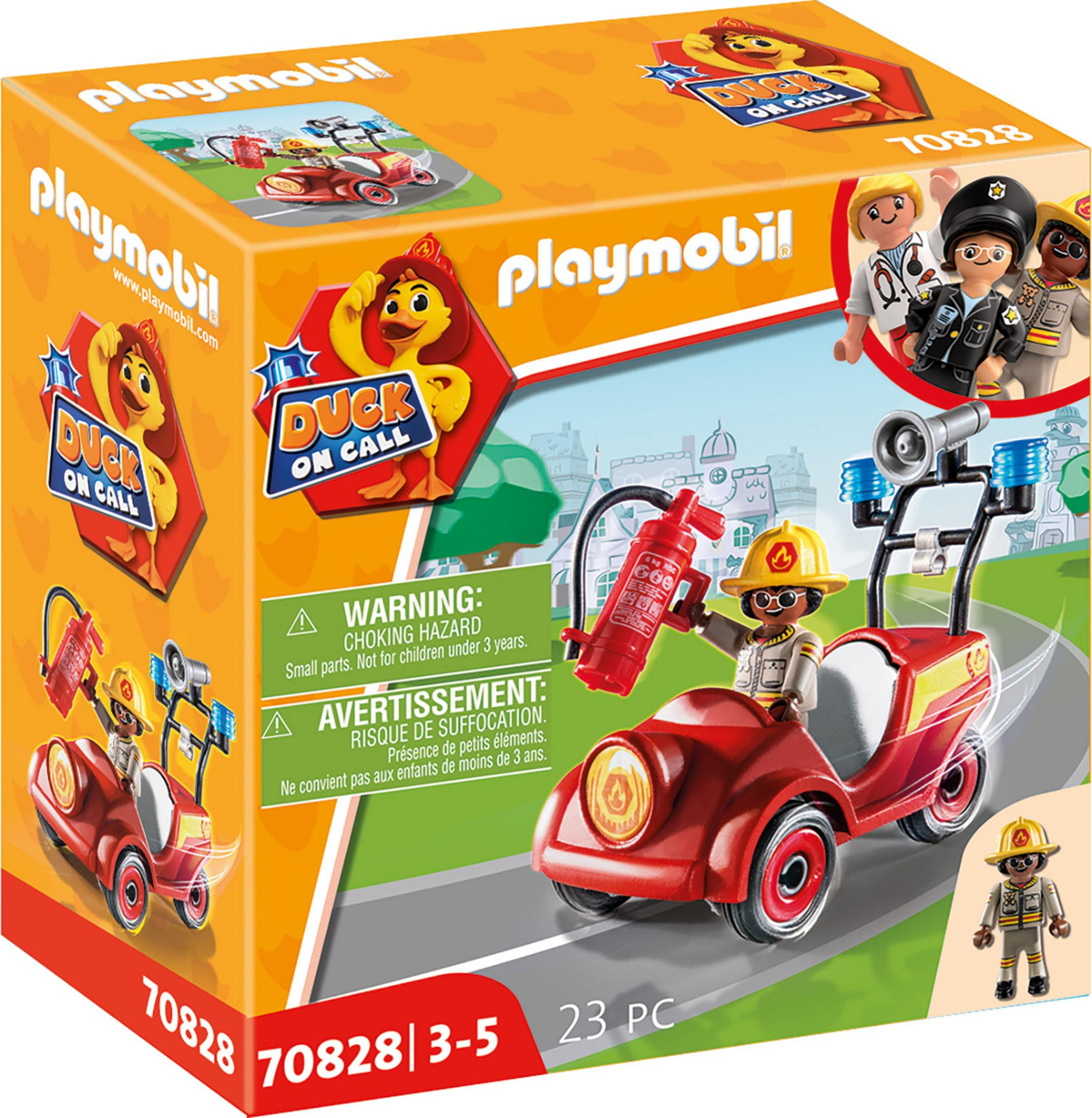 Zestaw pudełkowy Playmobil z zabawką wozu strażackiego z figurką strażaka i innymi akcesoriami.