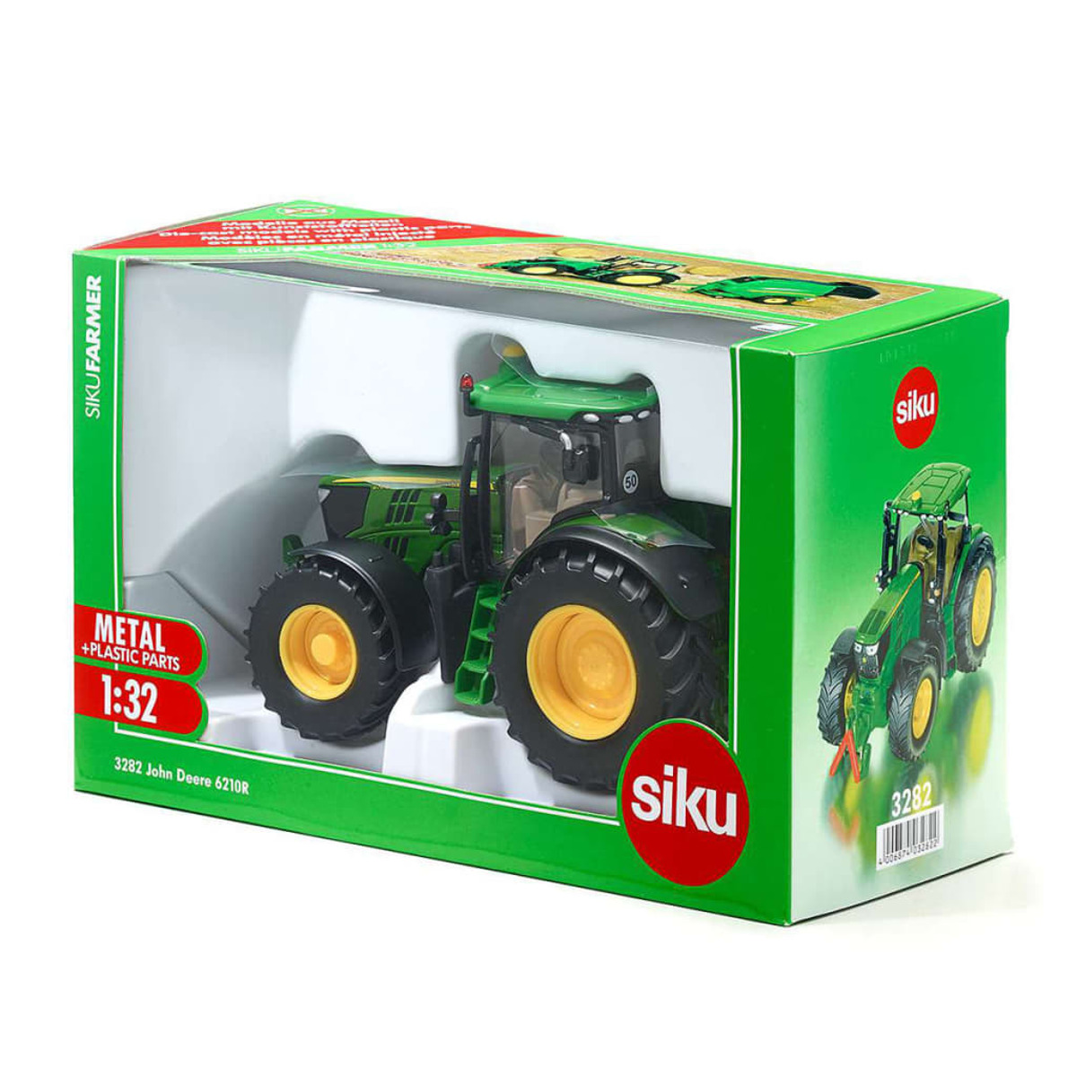 Zabawkowy traktor John Deere w zielono-białym pudełku.