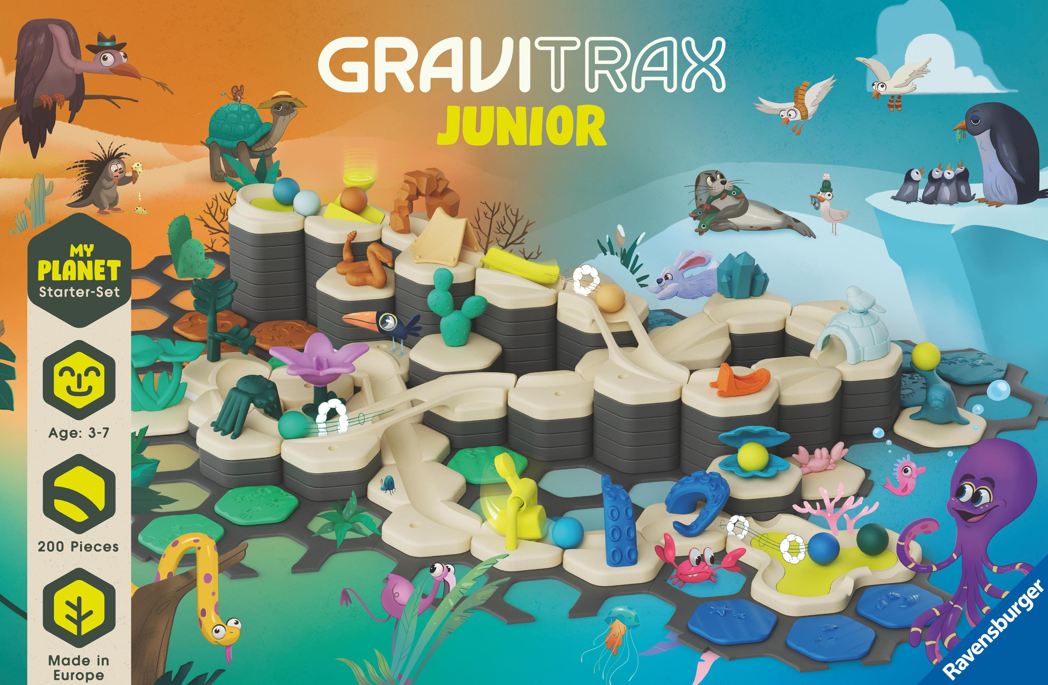 Zestaw gier GraviTrax Junior z kolorowym torem i różnymi figurkami zwierząt.