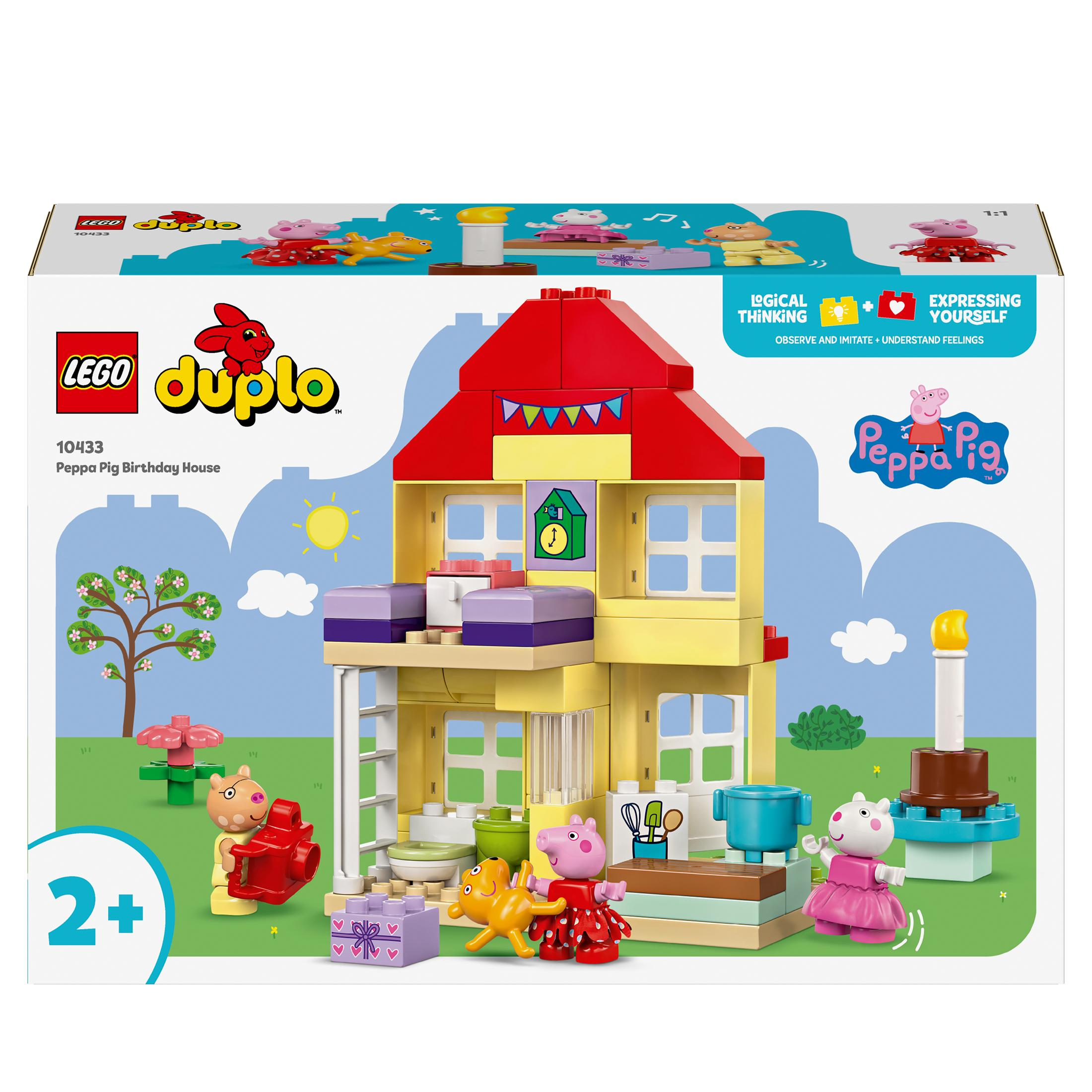 Zestaw Lego Duplo z Peppą Pig i domem urodzinowym. Widoczne kolorowe klocki.