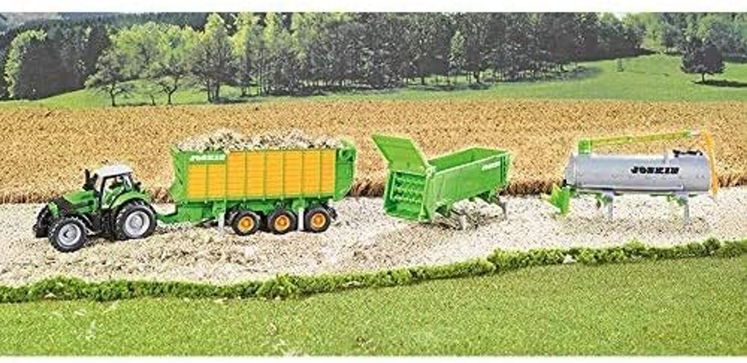 Zabawkowa scena rolnicza z traktorem, przyczepą, kombajnem i zbiornikiem.