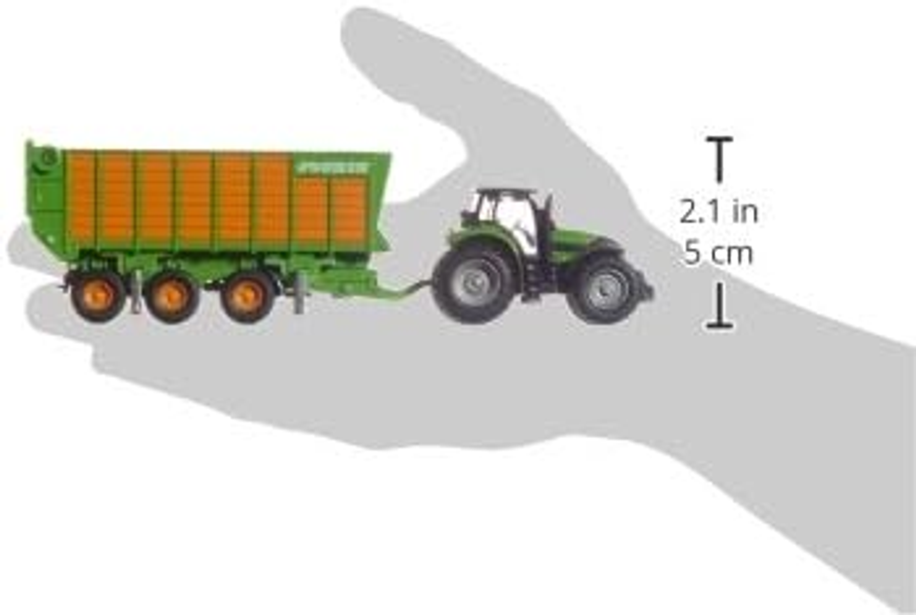 Zestaw zabawek, traktor i przyczepa, z dłonią i skalą na białym tle.