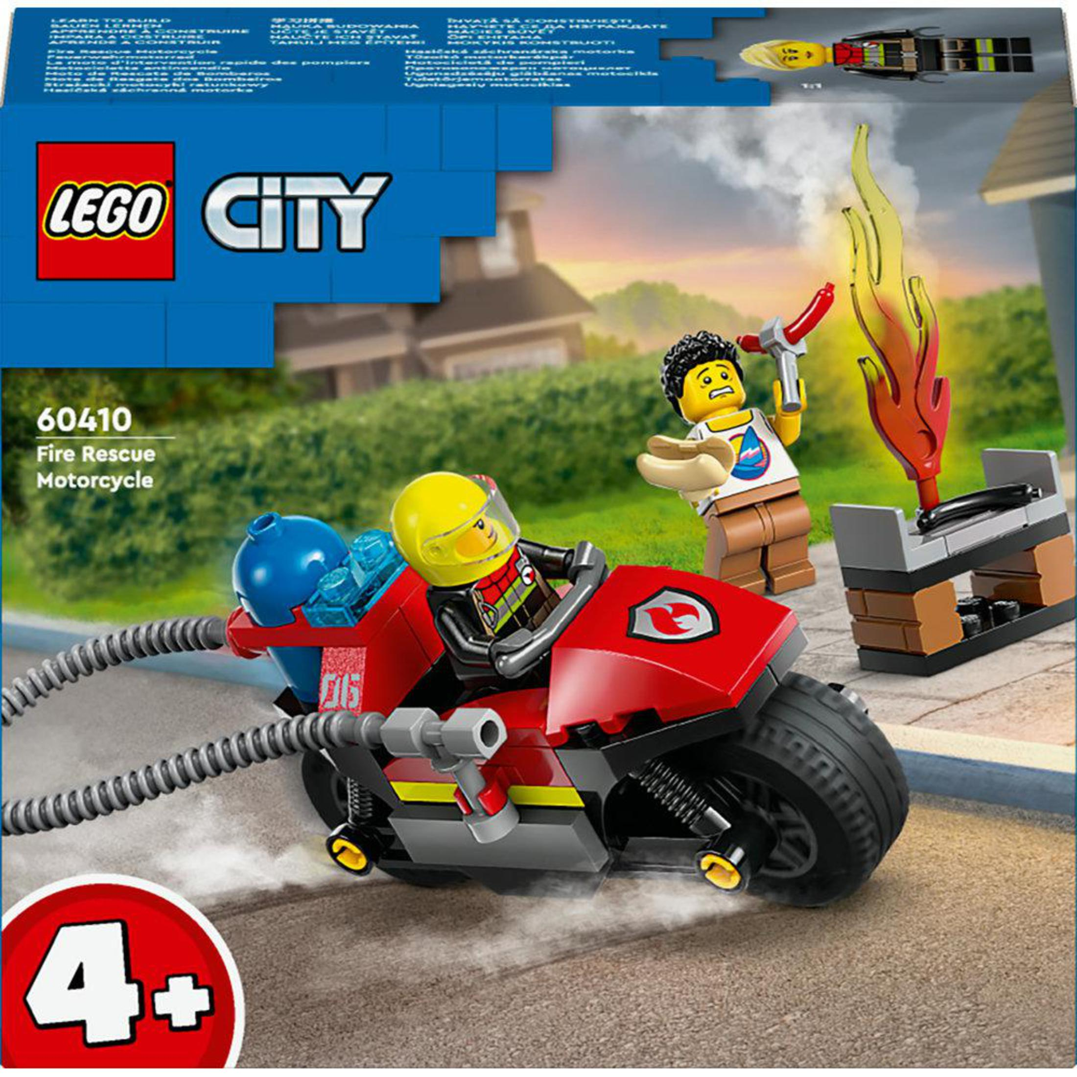 Pudełko zestawu Lego City Fire Rescue Motorcycle, pokazujące strażaka i scenę pożaru.