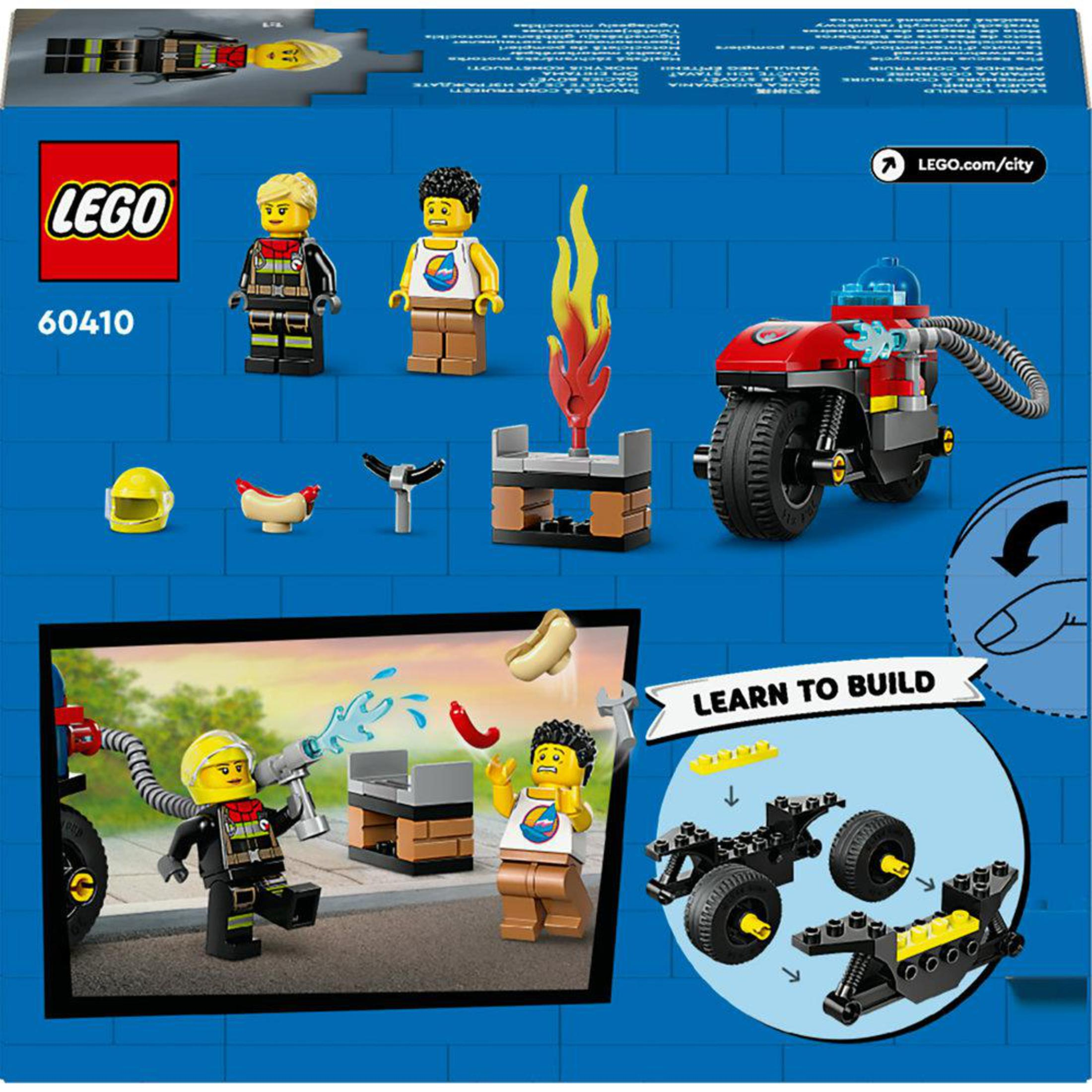 Zestaw LEGO z figurkami, motocyklem i akcesoriami. Zawiera hot dogi i palenisko.
