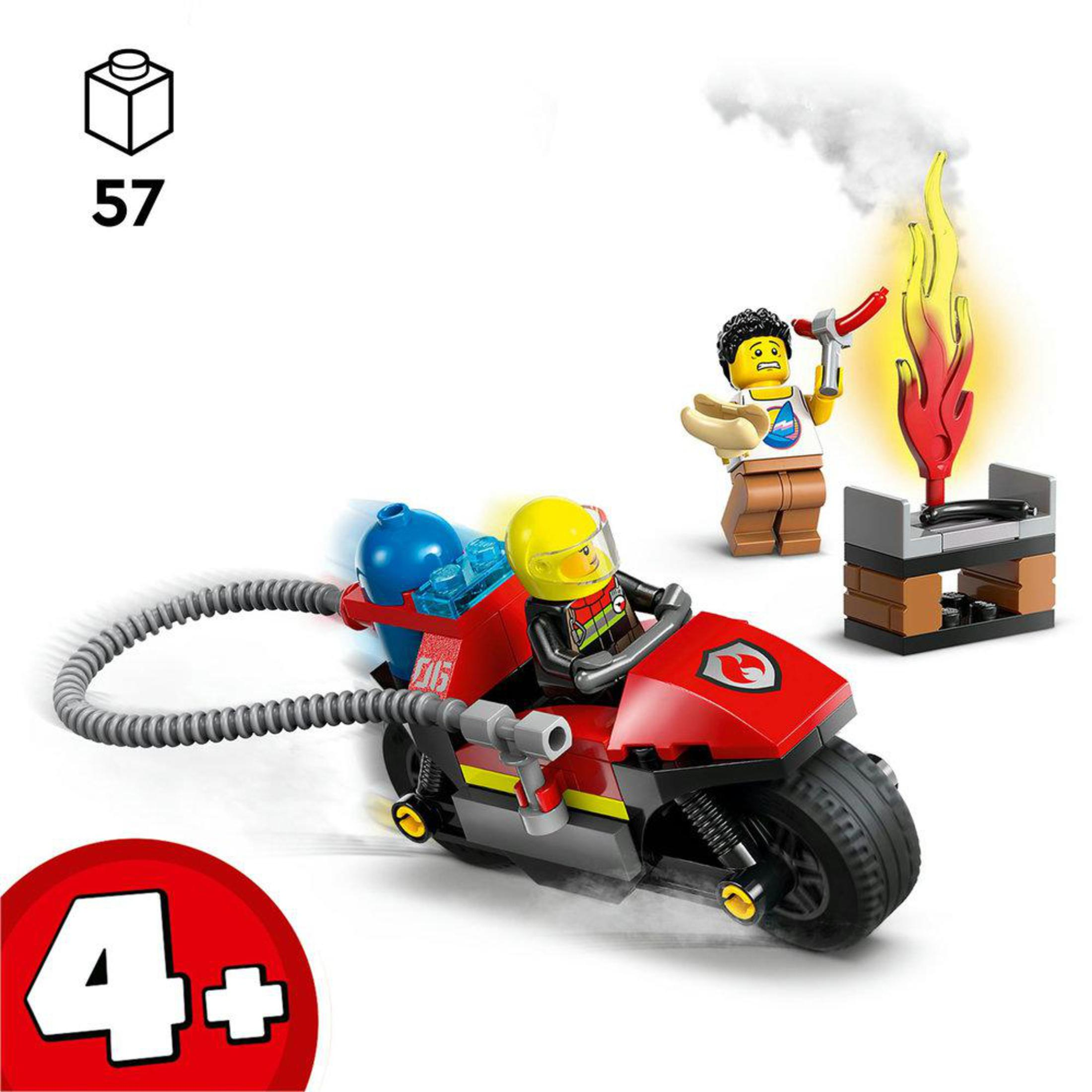 Zestaw Lego: Czerwony motocykl z strażakiem i szefem kuchni grillującym hot dogi. Tekst: '4+' i '57'.