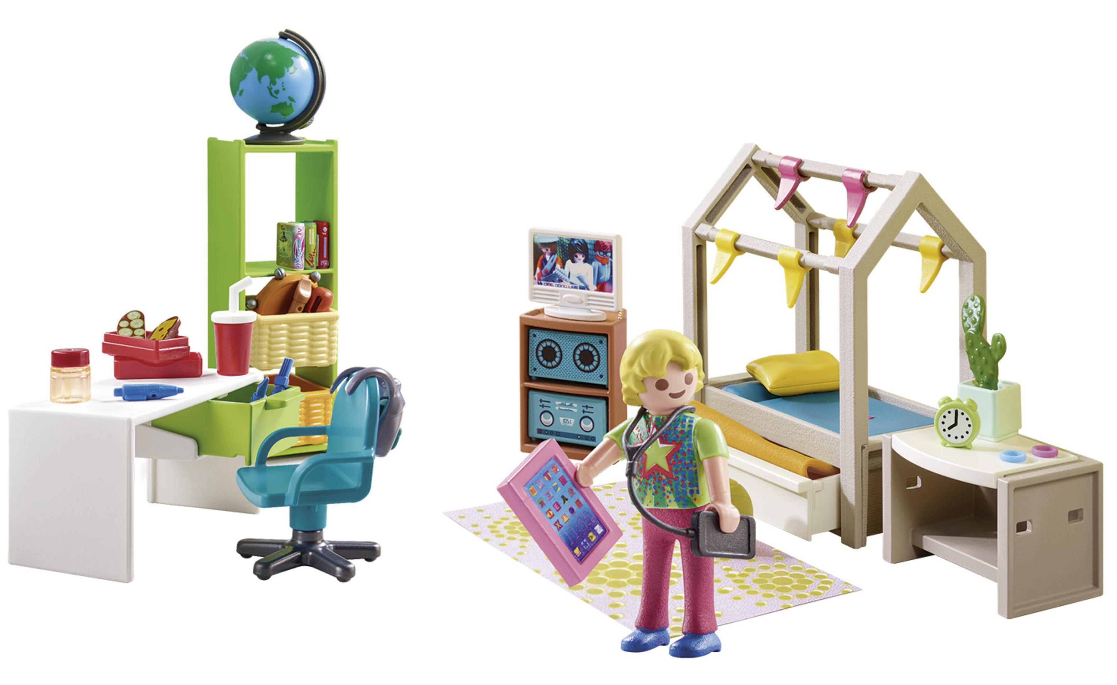 Zestaw do pokoju dziecięcego z biurkiem, łóżkiem i figurką trzymającą tablet.