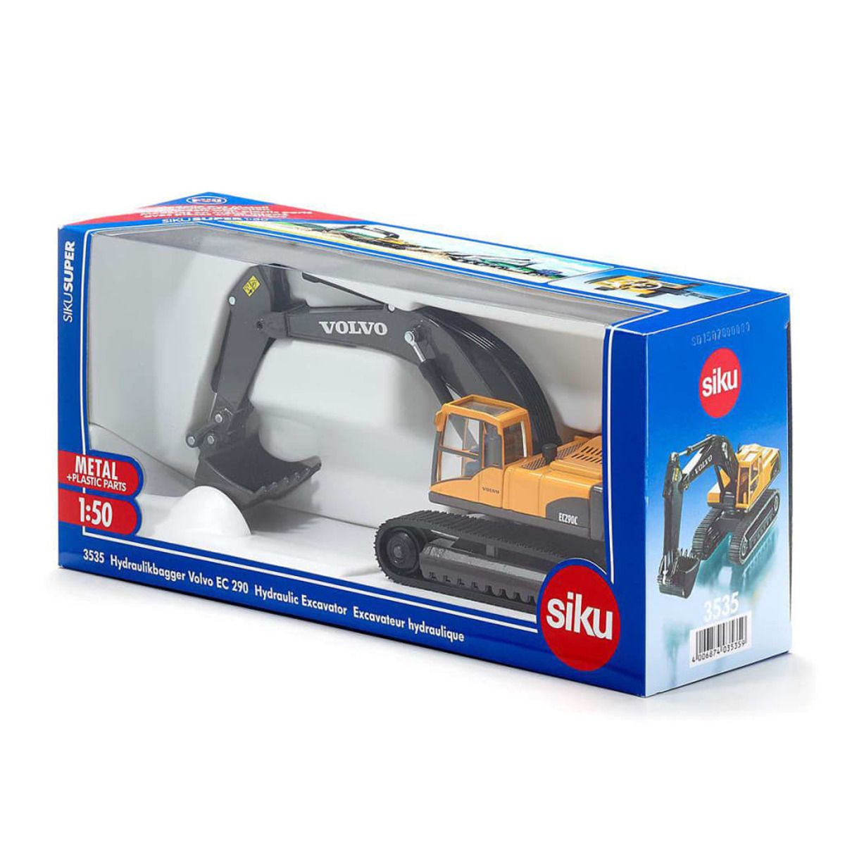 Zabawkowa koparka w pudełku, z napisem 'SIKU SUPER' i 'VOLVO', ze zdjęciem koparki.