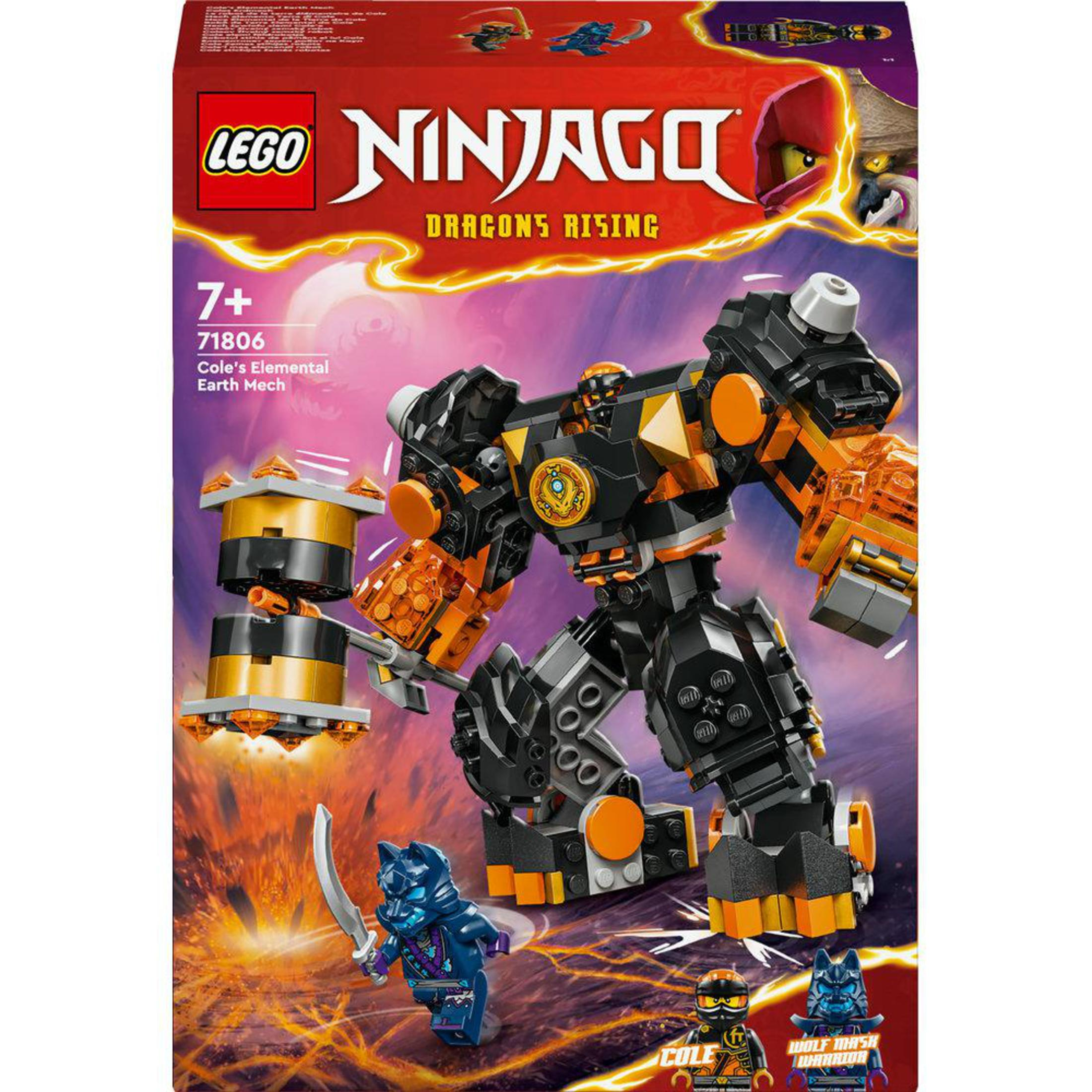 Eine LEGO Ninjago Set-Box. Sie zeigt eine Mech-Figur und Mini-Figuren der Charaktere. Rotes und schwarzes Farbschema.