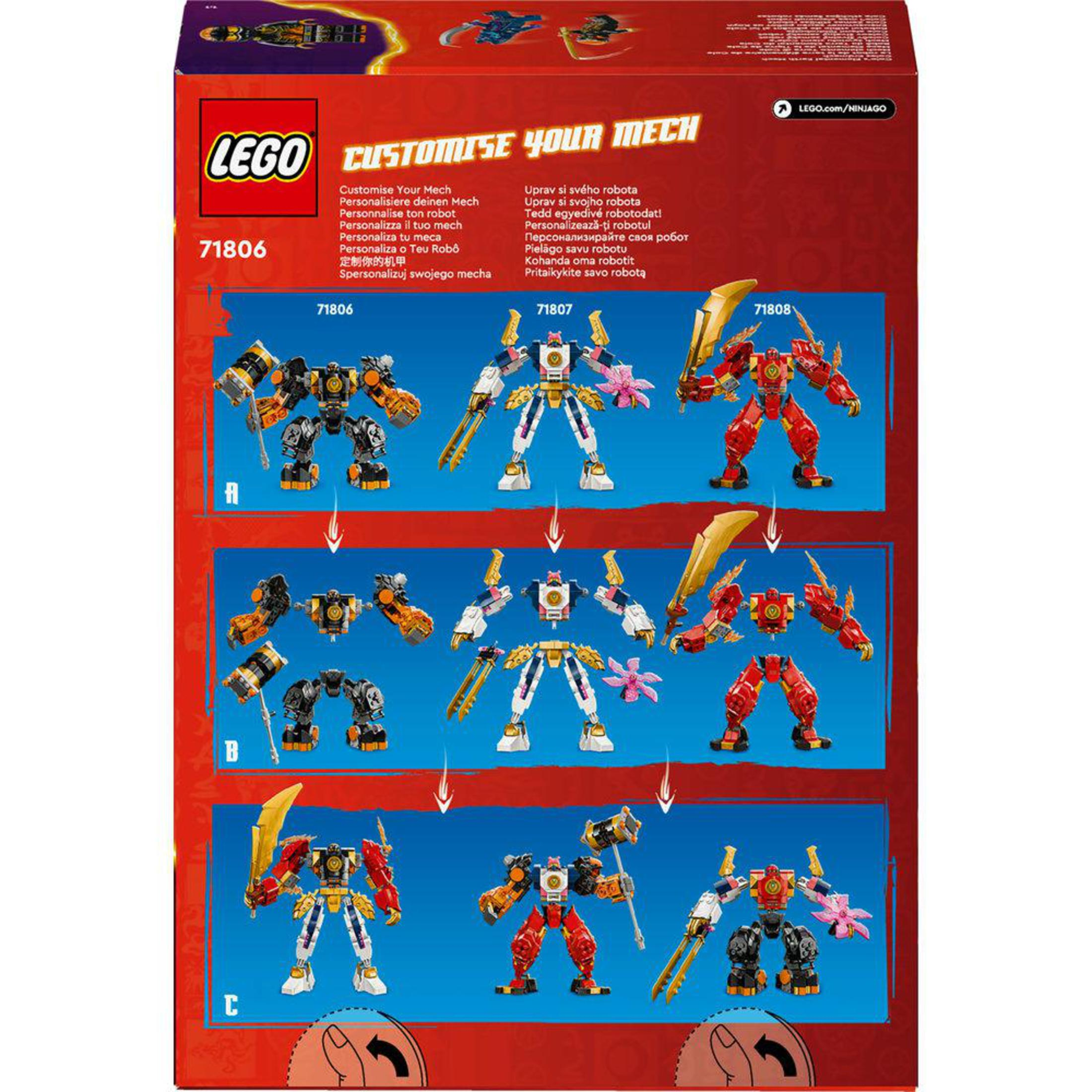 Box mit Lego-Figuren. Präsentation anpassbarer Mechs. Mehrere Mech-Designs und Konfigurationen werden gezeigt.