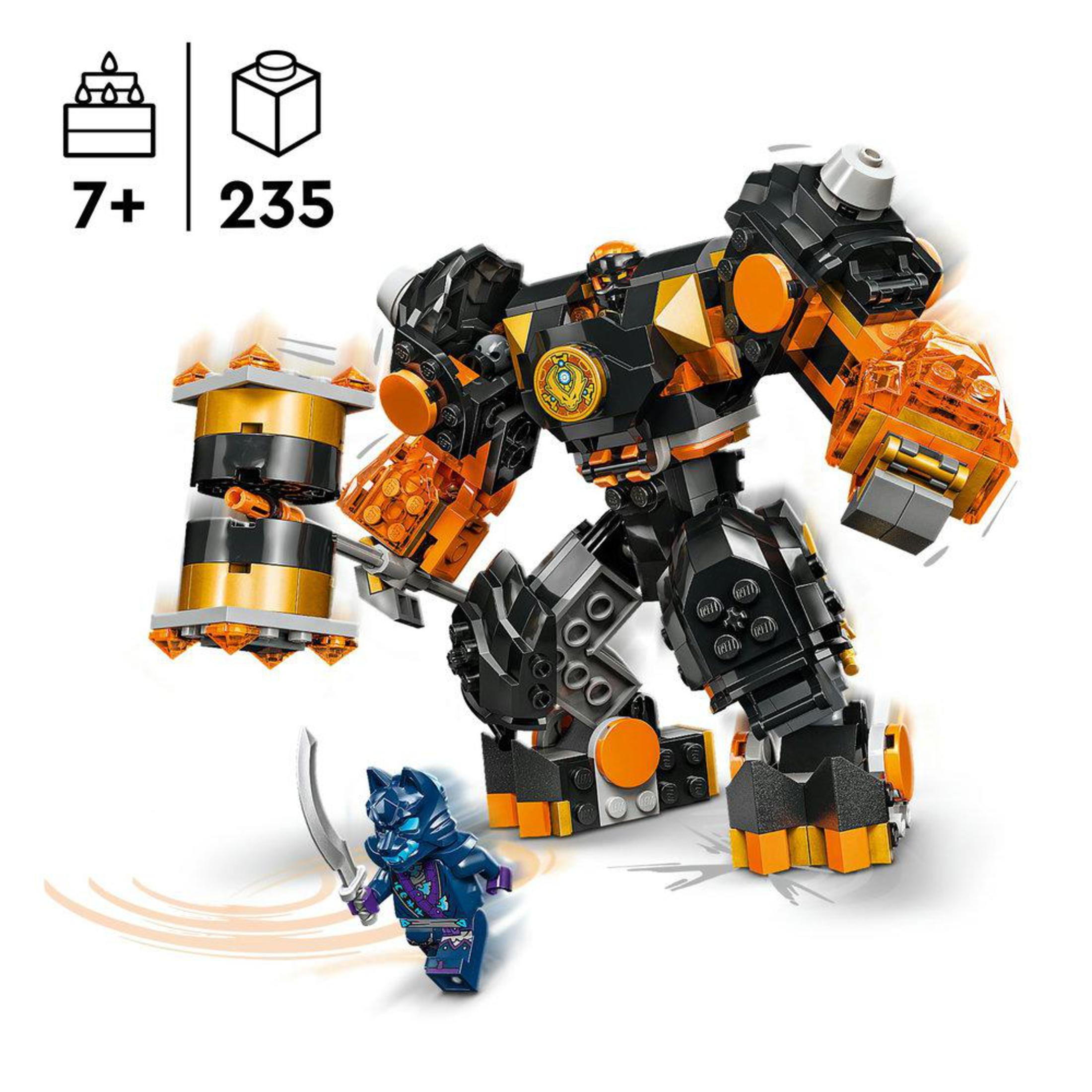 Ein LEGO-Set mit einer riesigen Roboterfigur und einer kleinen Ninja-Figur mit Schwert. Das Set hat einen weißen Hintergrund.