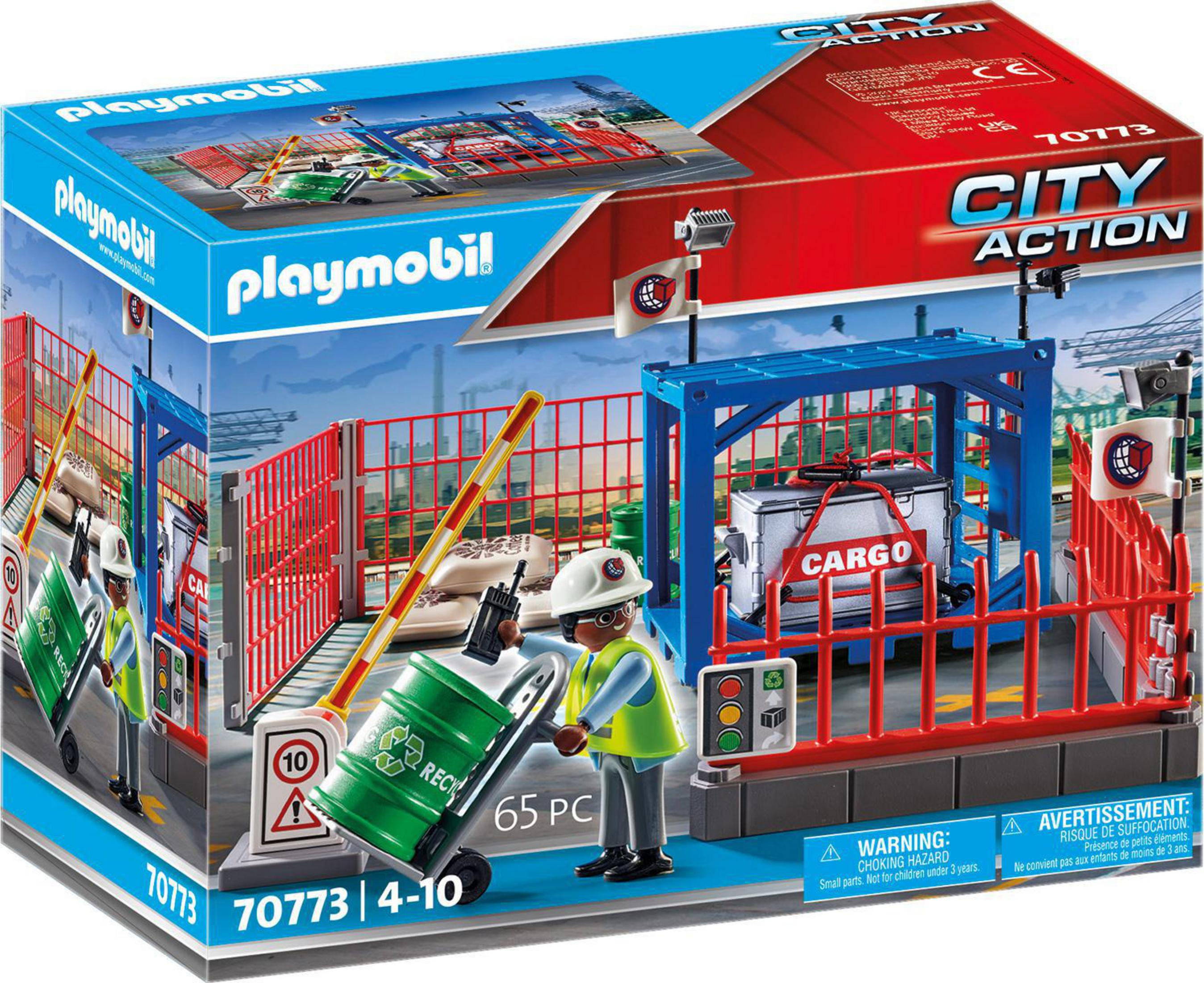 Eine Playmobil City Action Box mit Arbeitern, einer Recyclingtonne und einem Container.