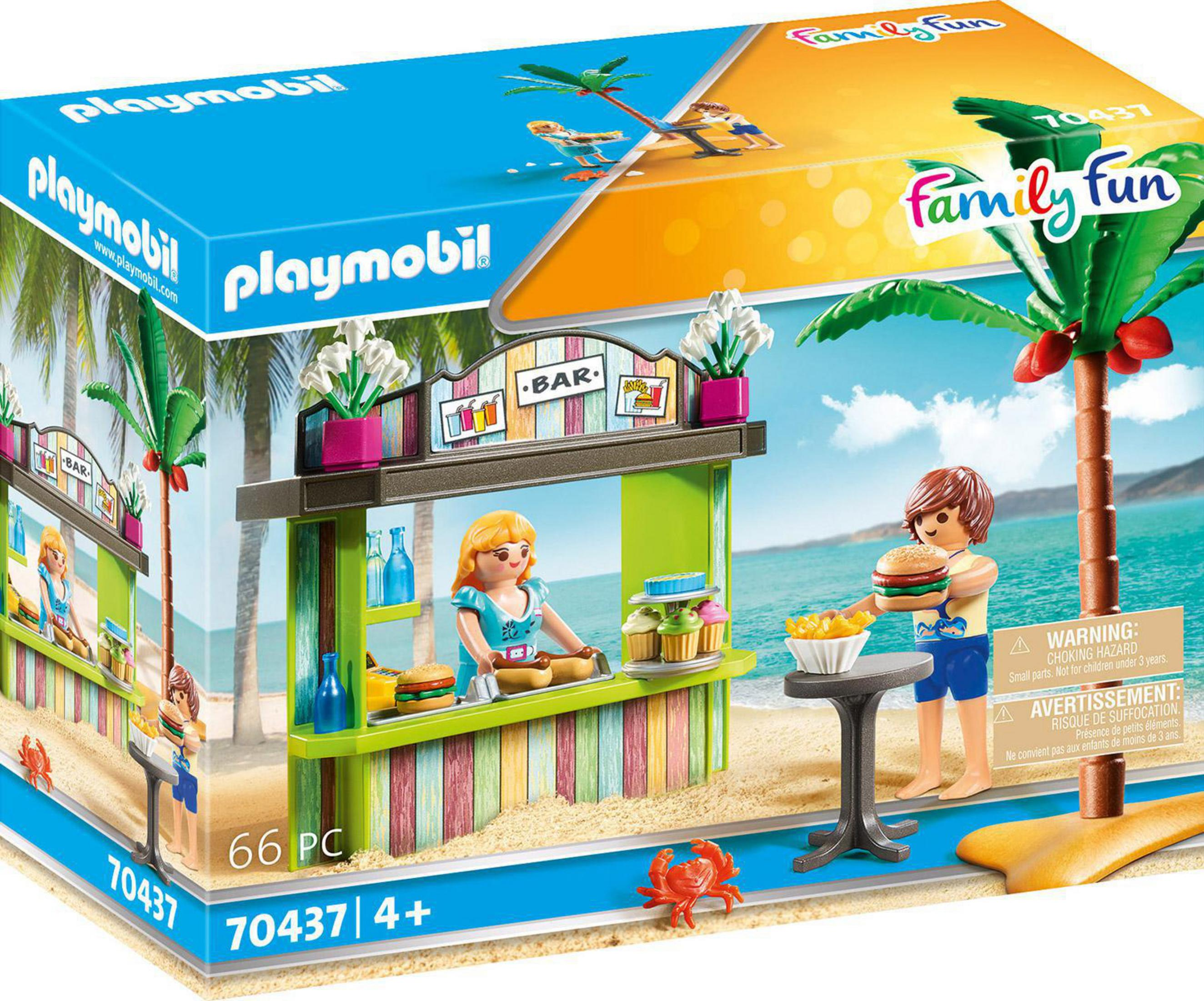 Zestaw Playmobil z barem na plaży z figurkami, barem, stołem i piaszczystą plażą.