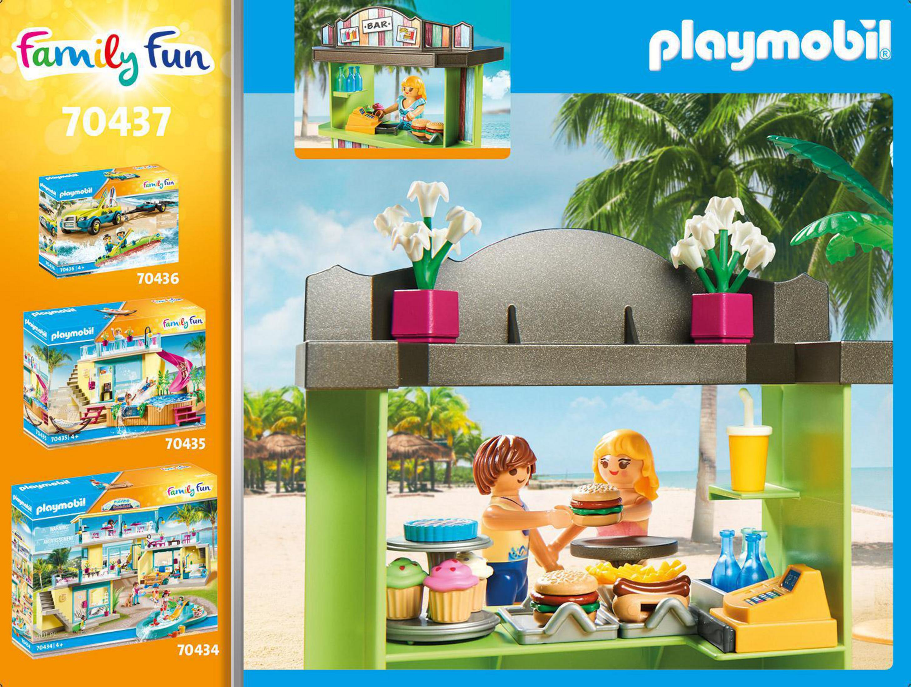 Zestaw Playmobil Family Fun: scena z barem na plaży z figurkami, jedzeniem i akcesoriami.