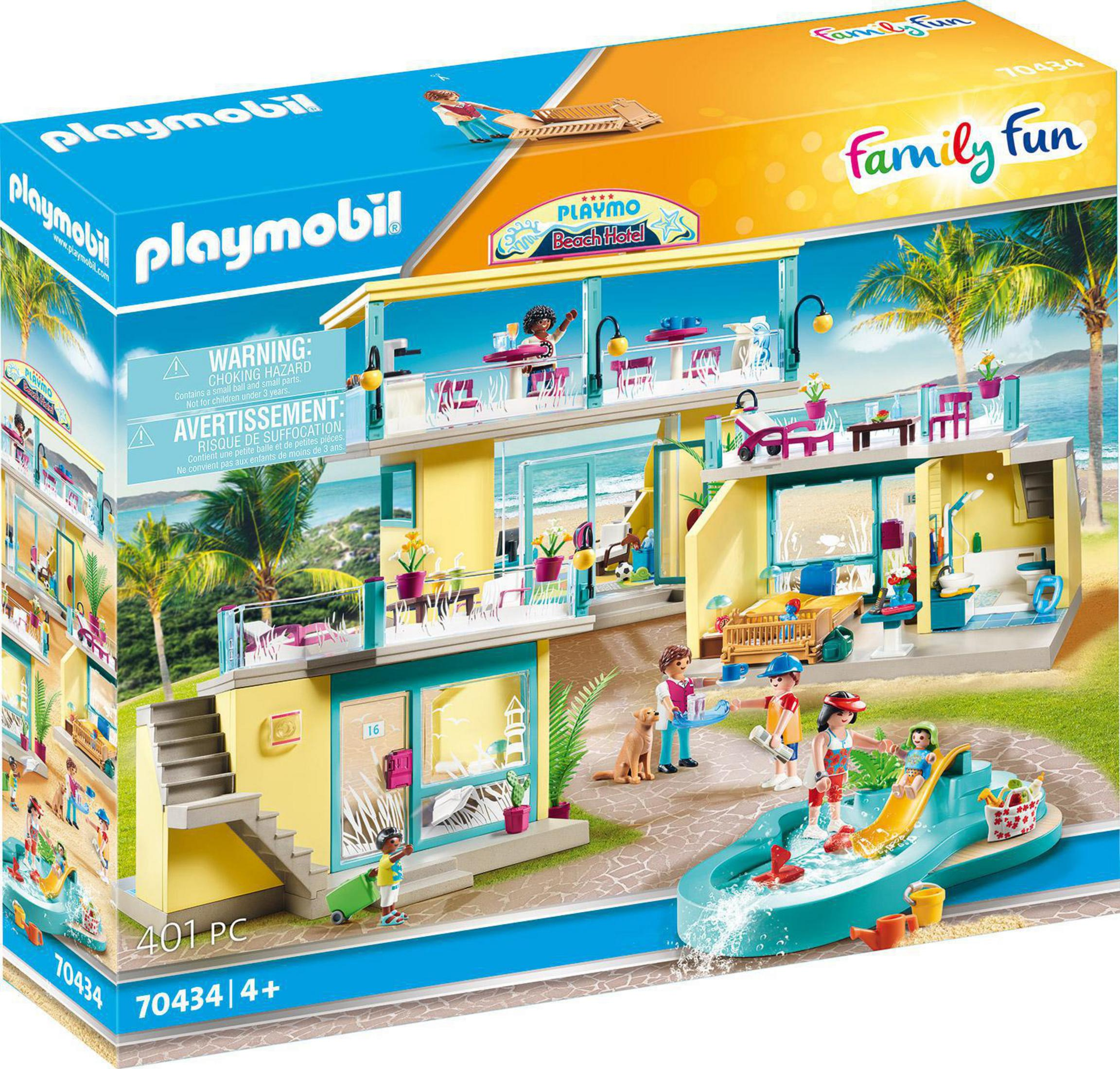 Set Playmobil Beach Hotel. Muestra un edificio amarillo con piscina, playa y figuras. La caja es visible.