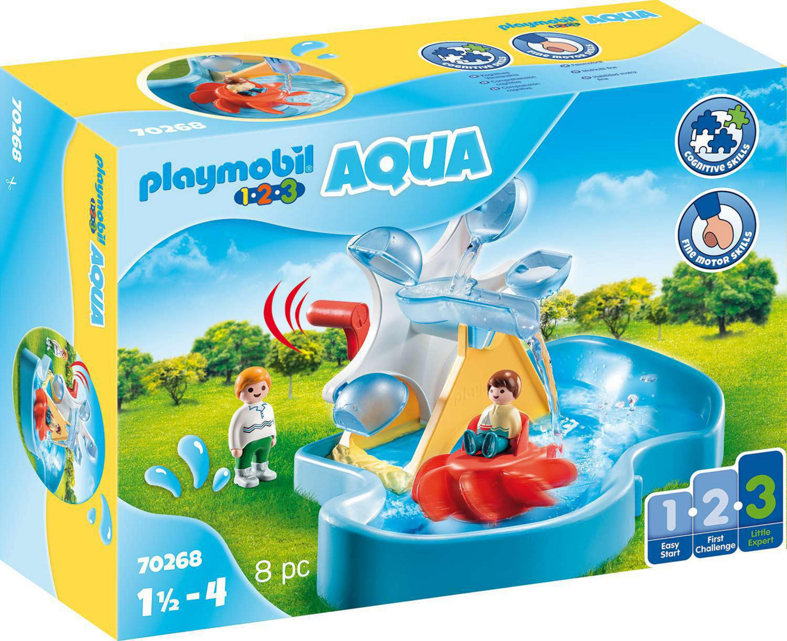 Zestaw Playmobil Aqua, zjeżdżalnia, woda i figurki w pudełku.