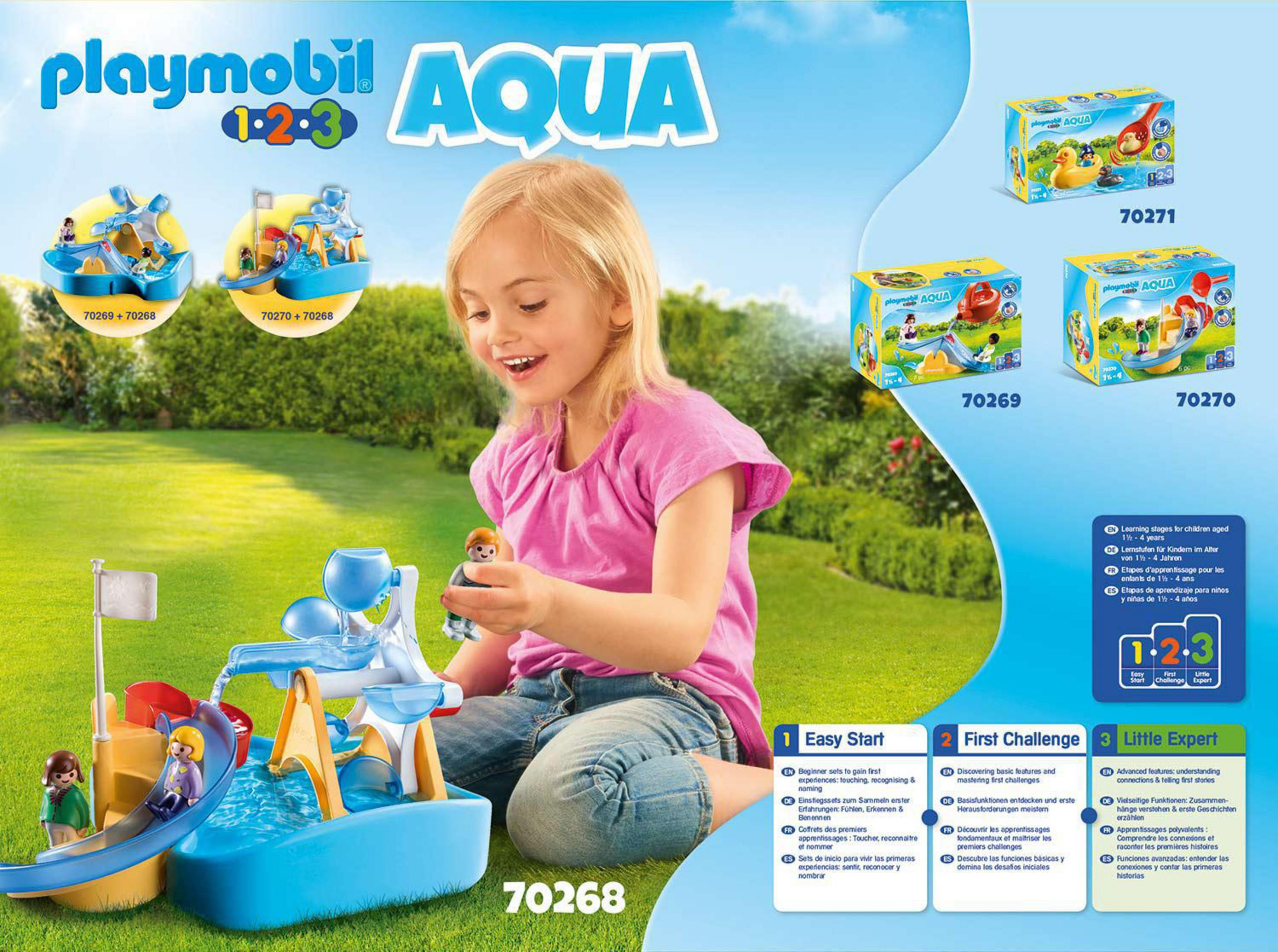 Dziewczyna bawiąca się zestawem Playmobil Aqua. Zestaw zawiera zjeżdżalnię wodną i figurki.