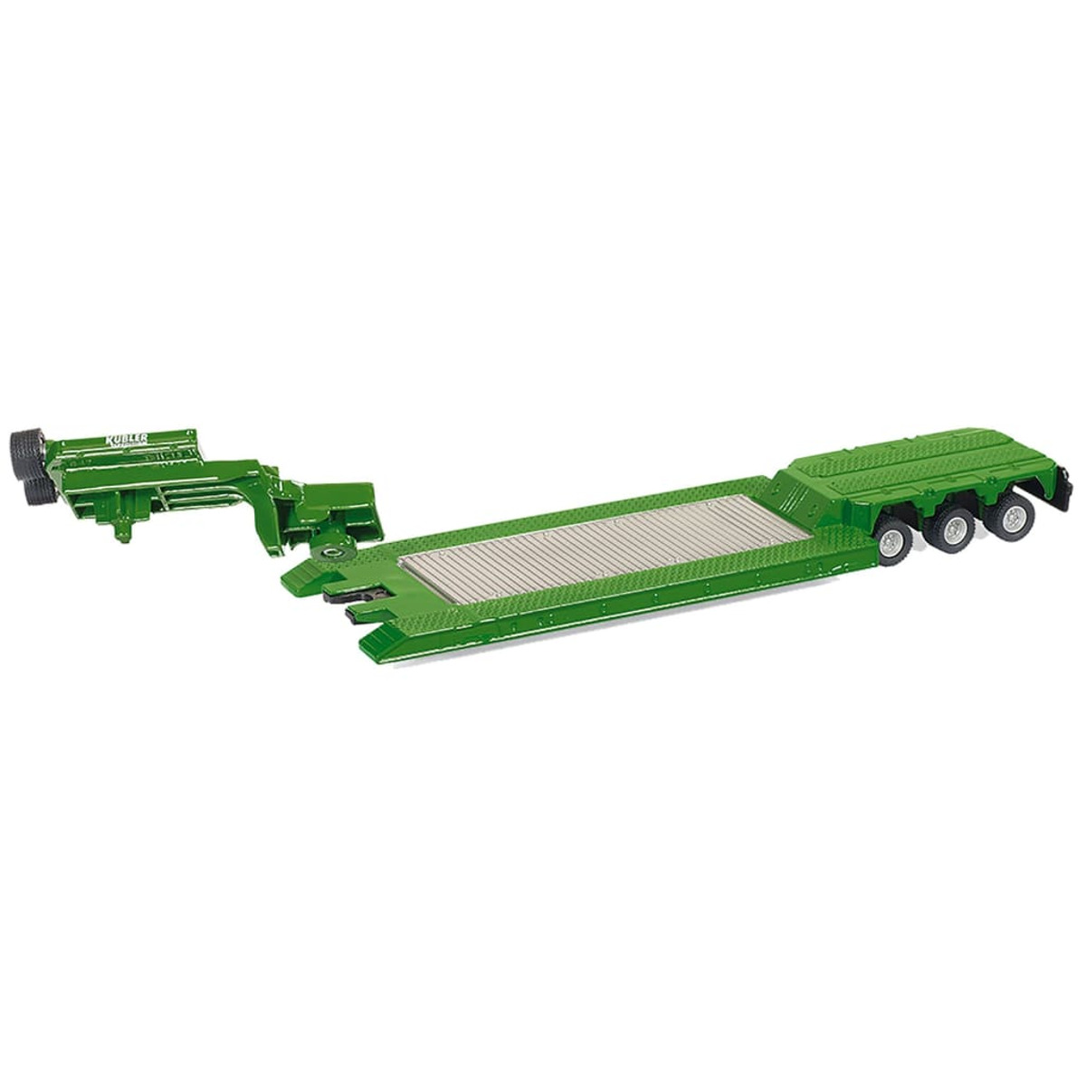 Remolque de juguete verde con plataforma larga. El remolque tiene un logotipo de Kubler. Fondo blanco.