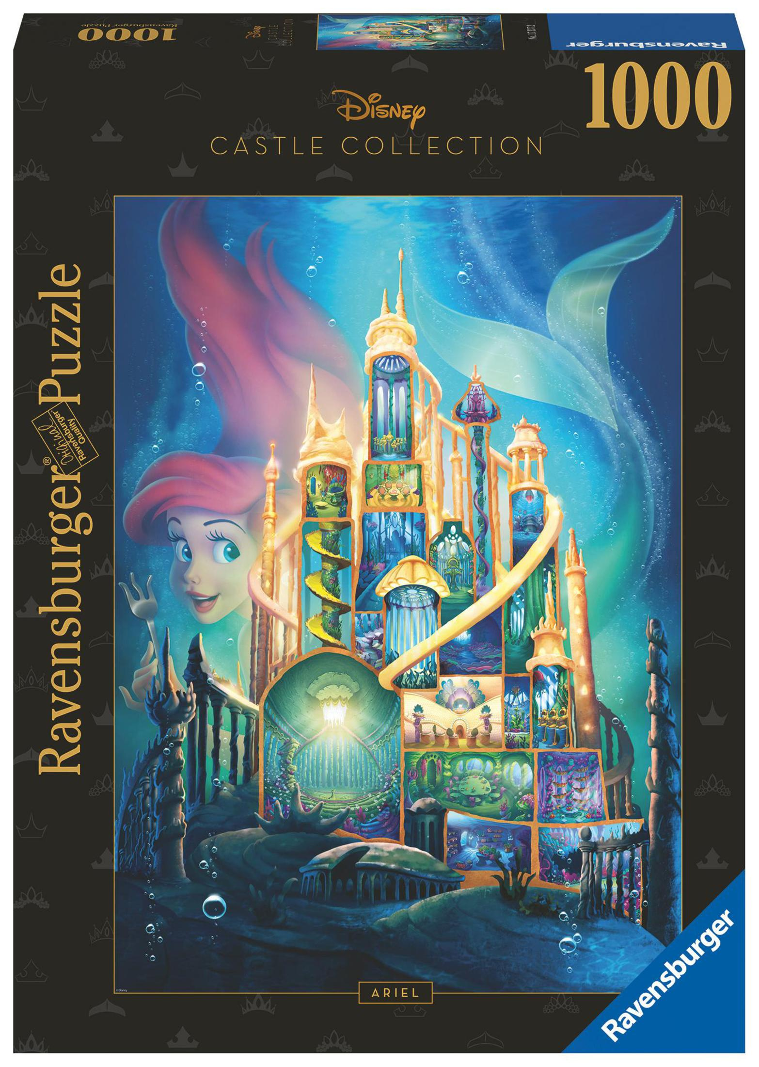 Pudełko z puzzlami z podwodną sceną z Małą Syrenką i zamkiem. Białe tło.