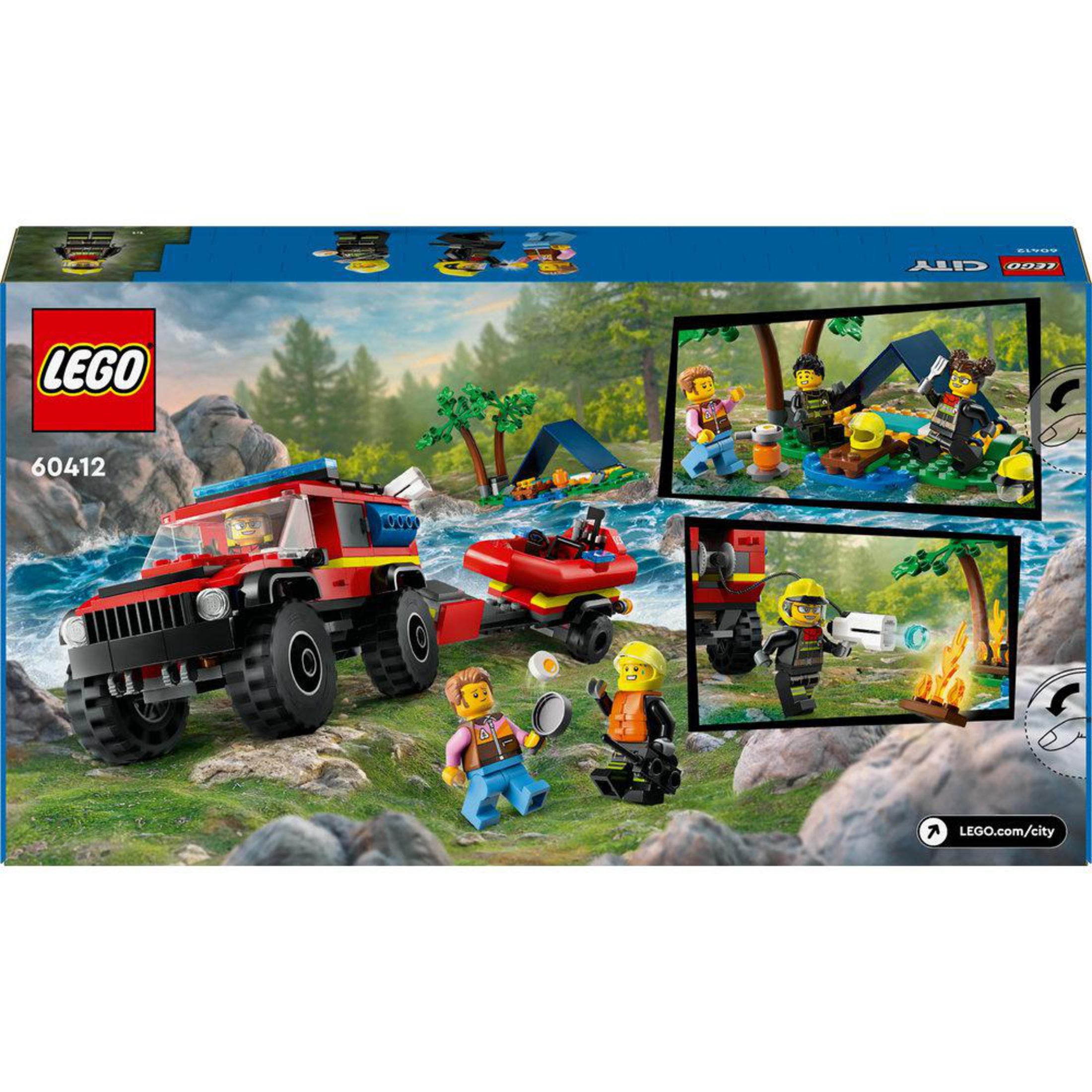 Une boîte LEGO avec une jeep rouge, un bateau et des figurines. Un arrière-plan panoramique est montré.