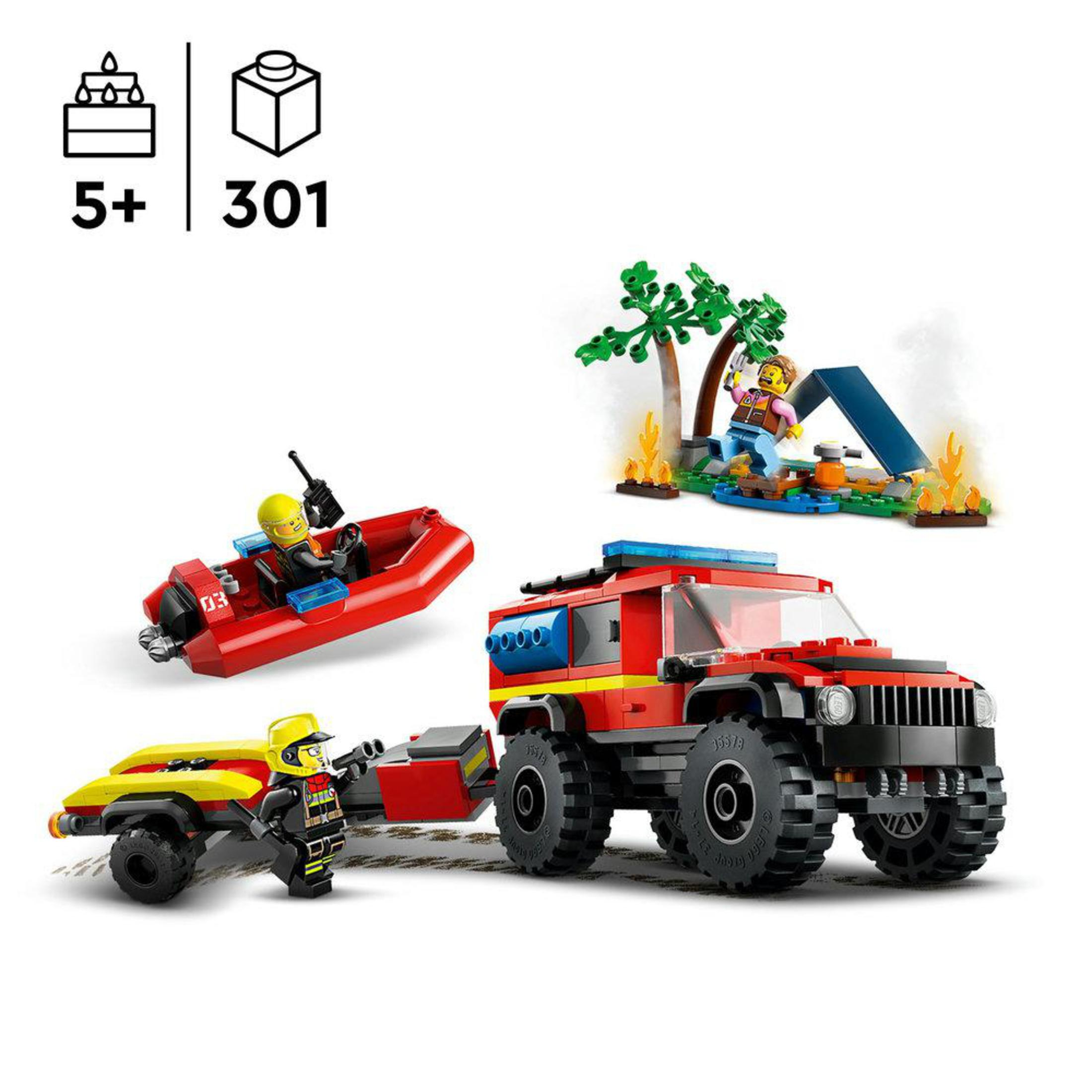 Ensemble Lego avec un camion rouge, un bateau et une scène de camping avec des figurines et des flammes.