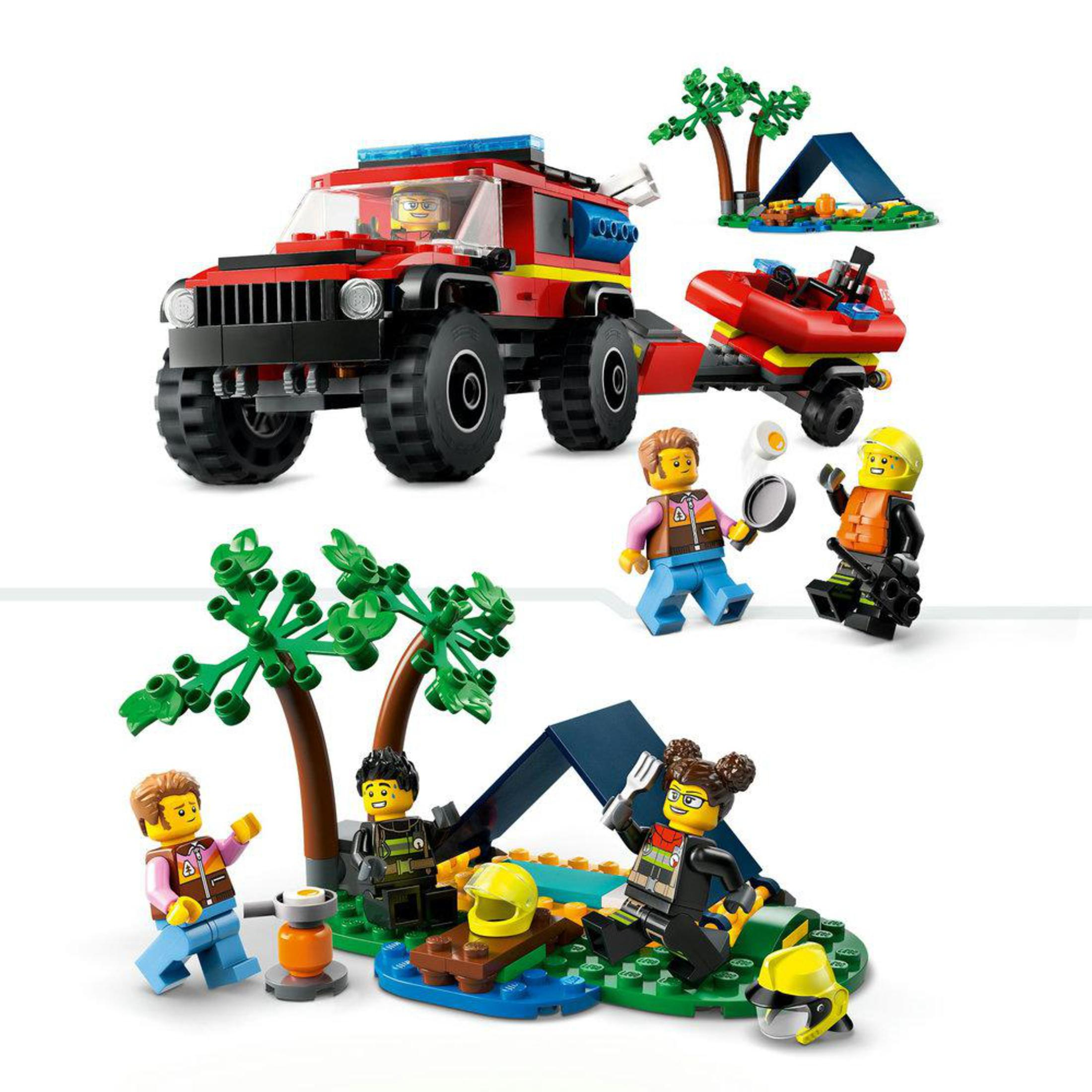 Ensemble de camping Lego avec un véhicule rouge, des figurines et une tente. Une scène de pique-nique est également montrée.