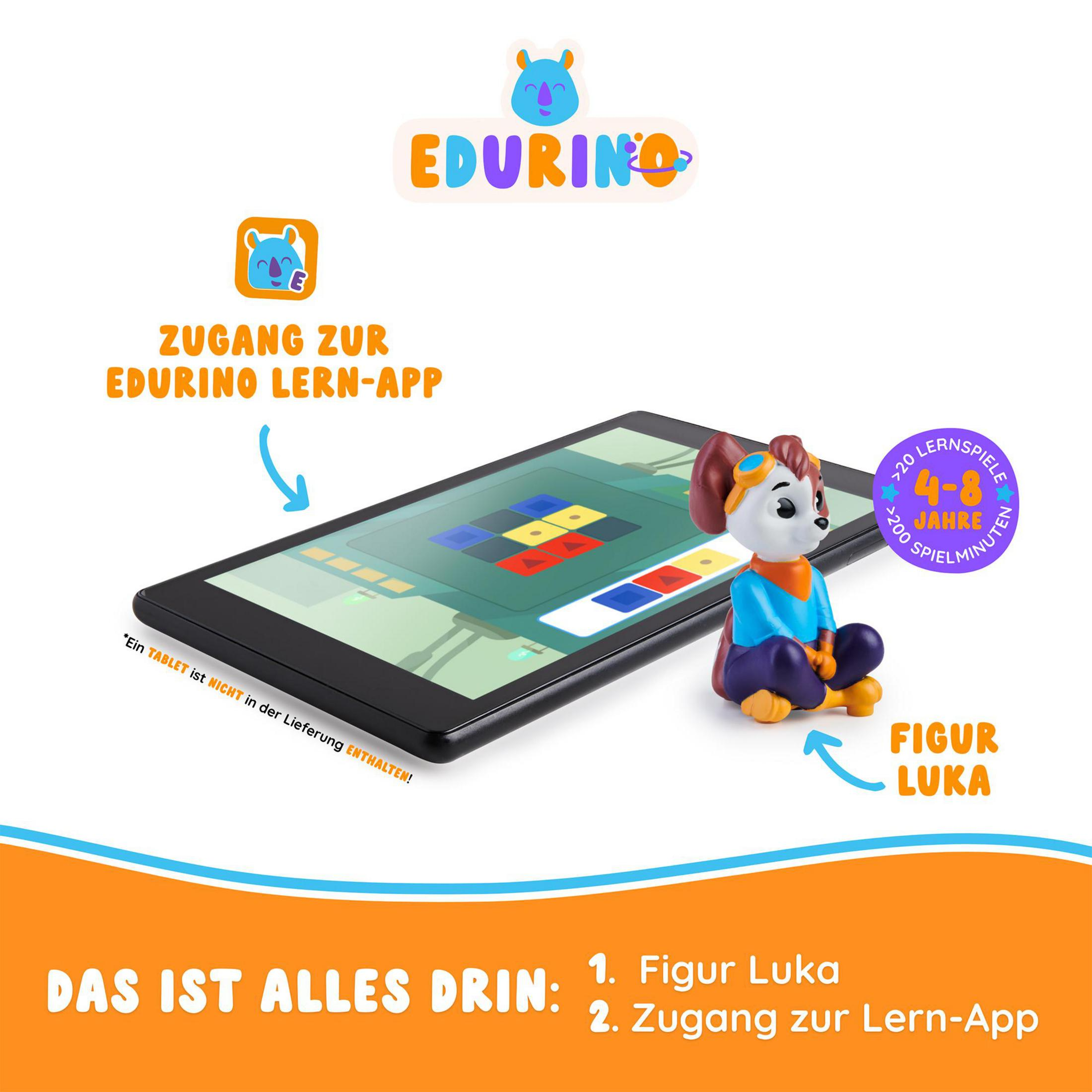 Ein Tablet zeigt ein Spiel. Rechts sitzt ein Spielzeug-Hund. Text: App-Zugang und Figur Luka.