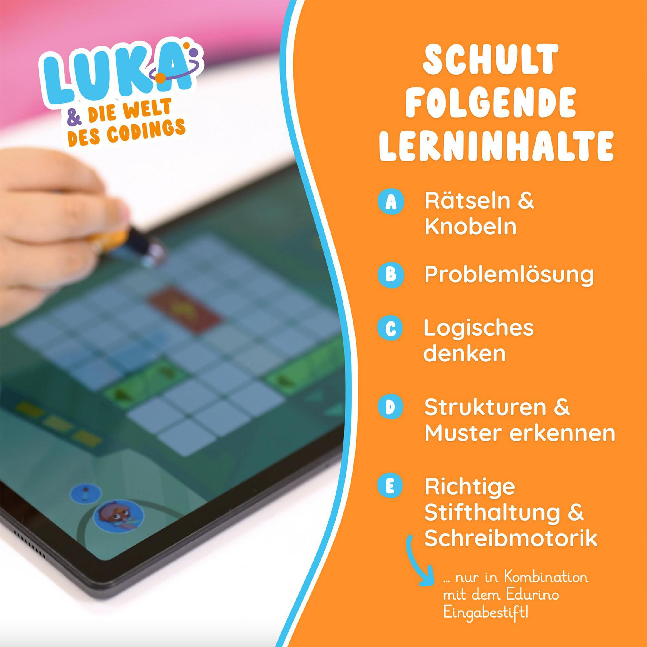 Ein Tablet mit Spieloberfläche und einer Liste von Lerninhalten.