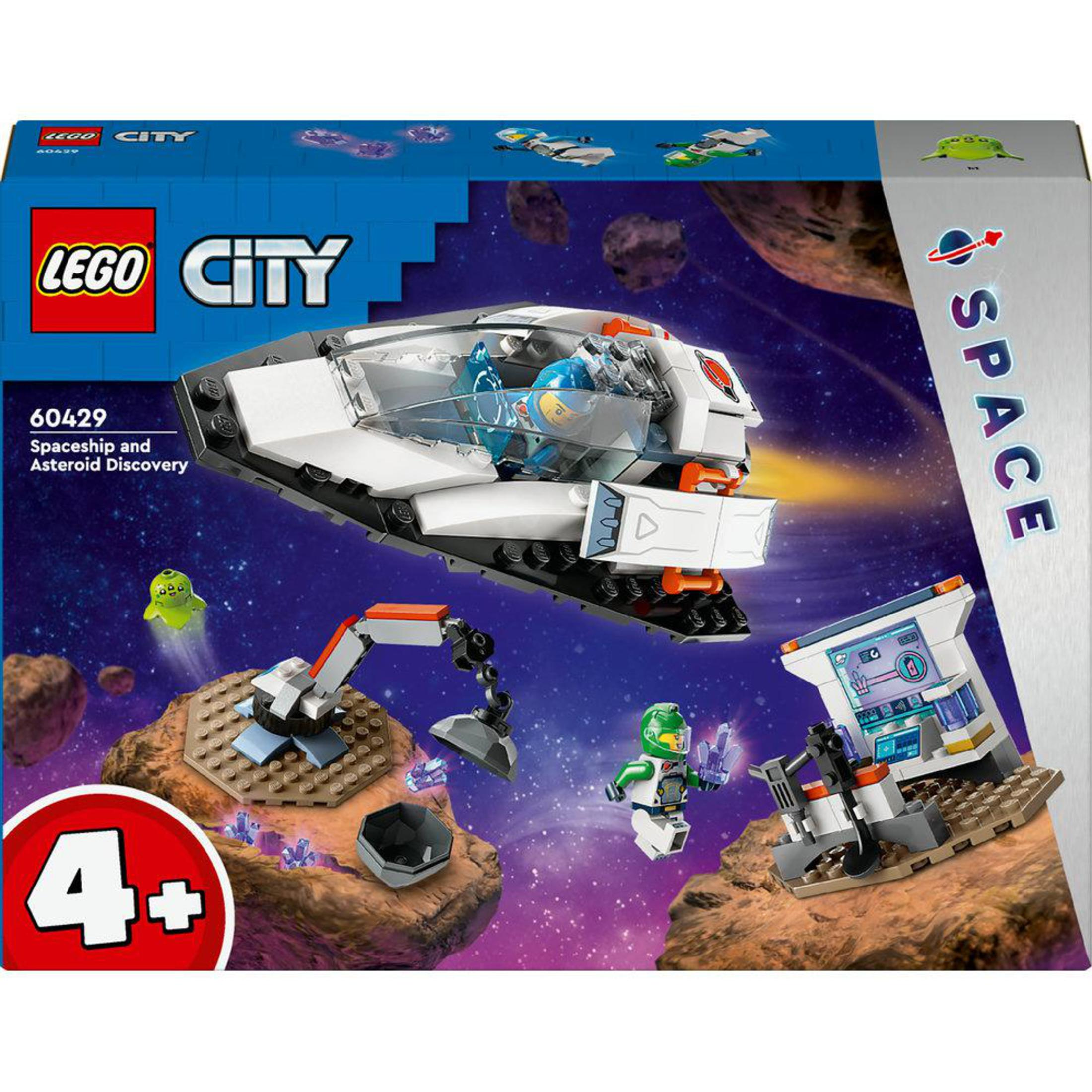 Pudełko LEGO City. Przedstawia statek kosmiczny z astronautami i stację kosmiczną z zielonym kosmitą.