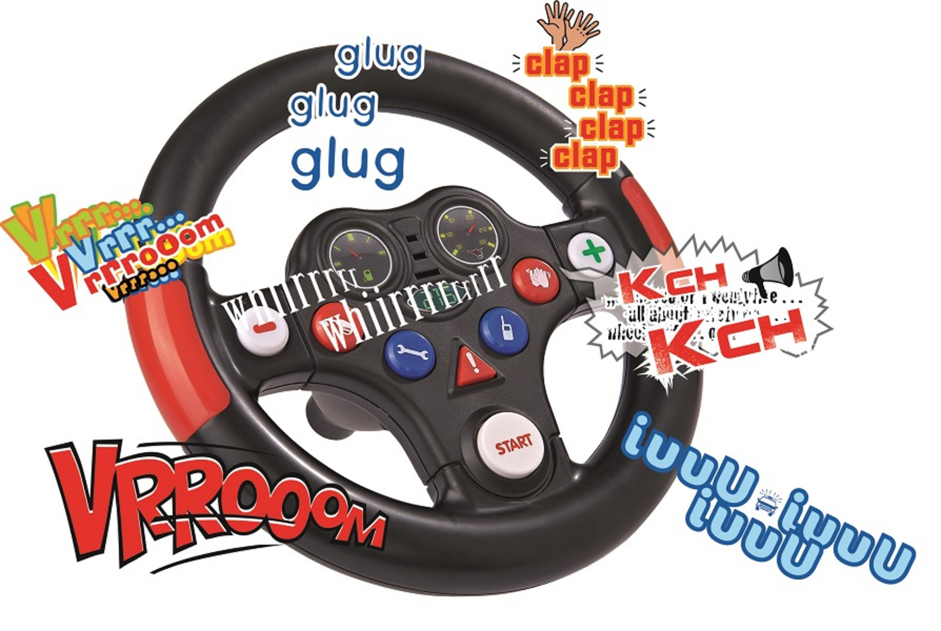 Spielzeug-Lenkrad mit Soundeffekten und verschiedenen Knöpfen, umgeben von Comic-Text.