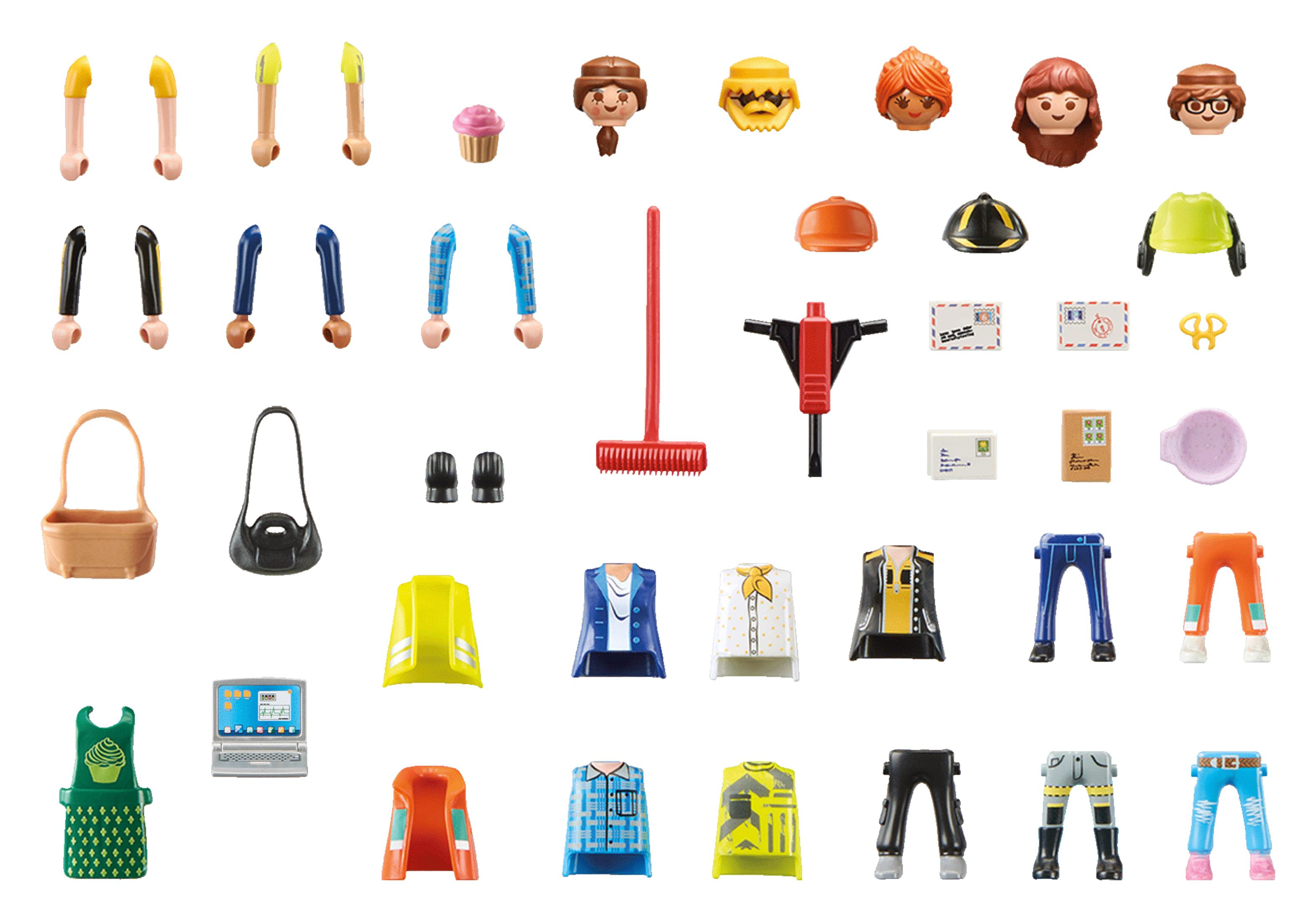 Parti di giocattoli Playmobil assortite, tra cui personaggi, abbigliamento e accessori, sparsi.