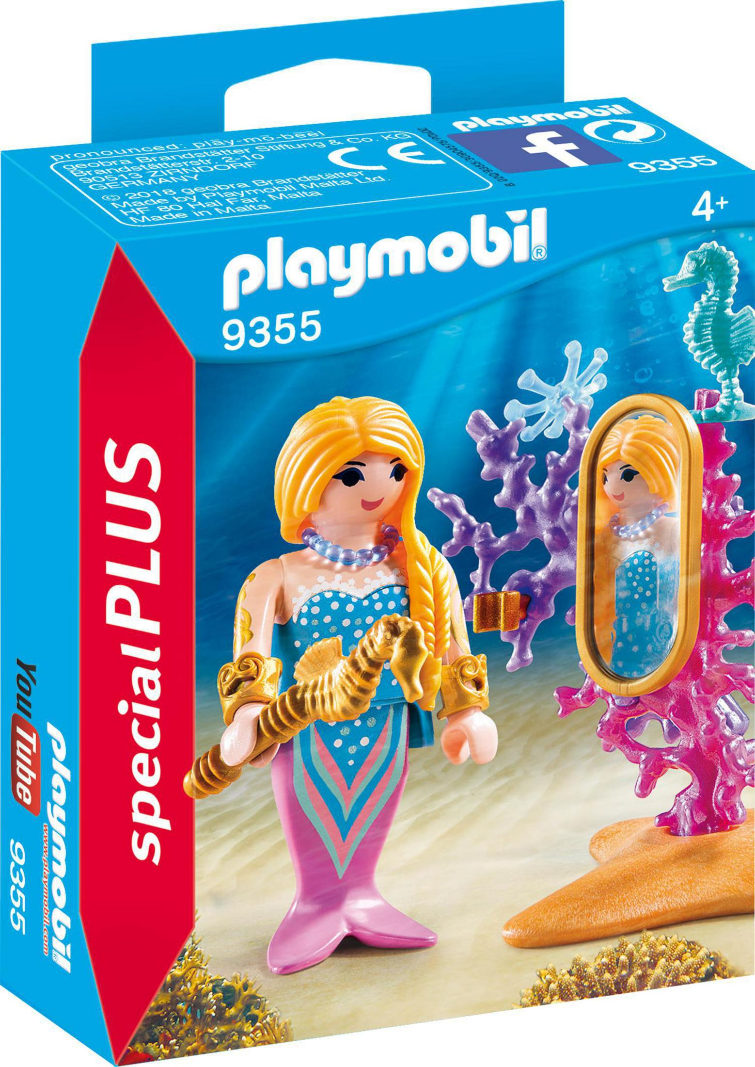 Pudełko Playmobil przedstawia syrenę z blond włosami, trzymającą przedmiot o tematyce morskiej, obok lustra.