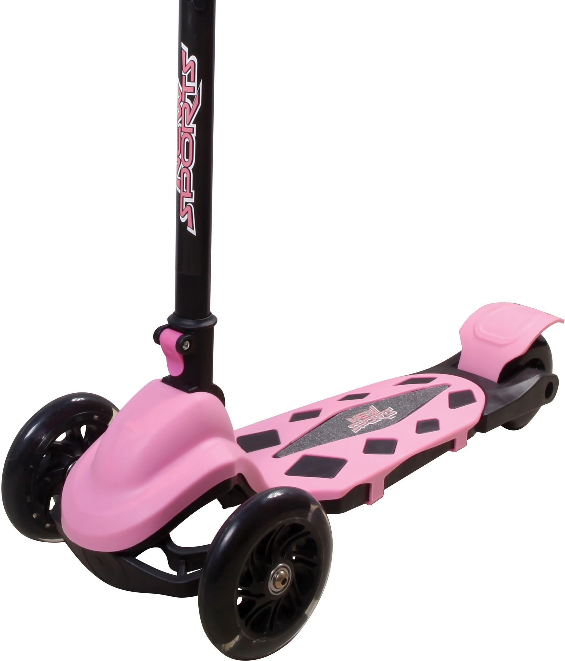 Ein pinkfarbener Dreirad-Roller mit schwarzen Rädern. Der Roller hat das Wort 'SPORTS' am Griff.