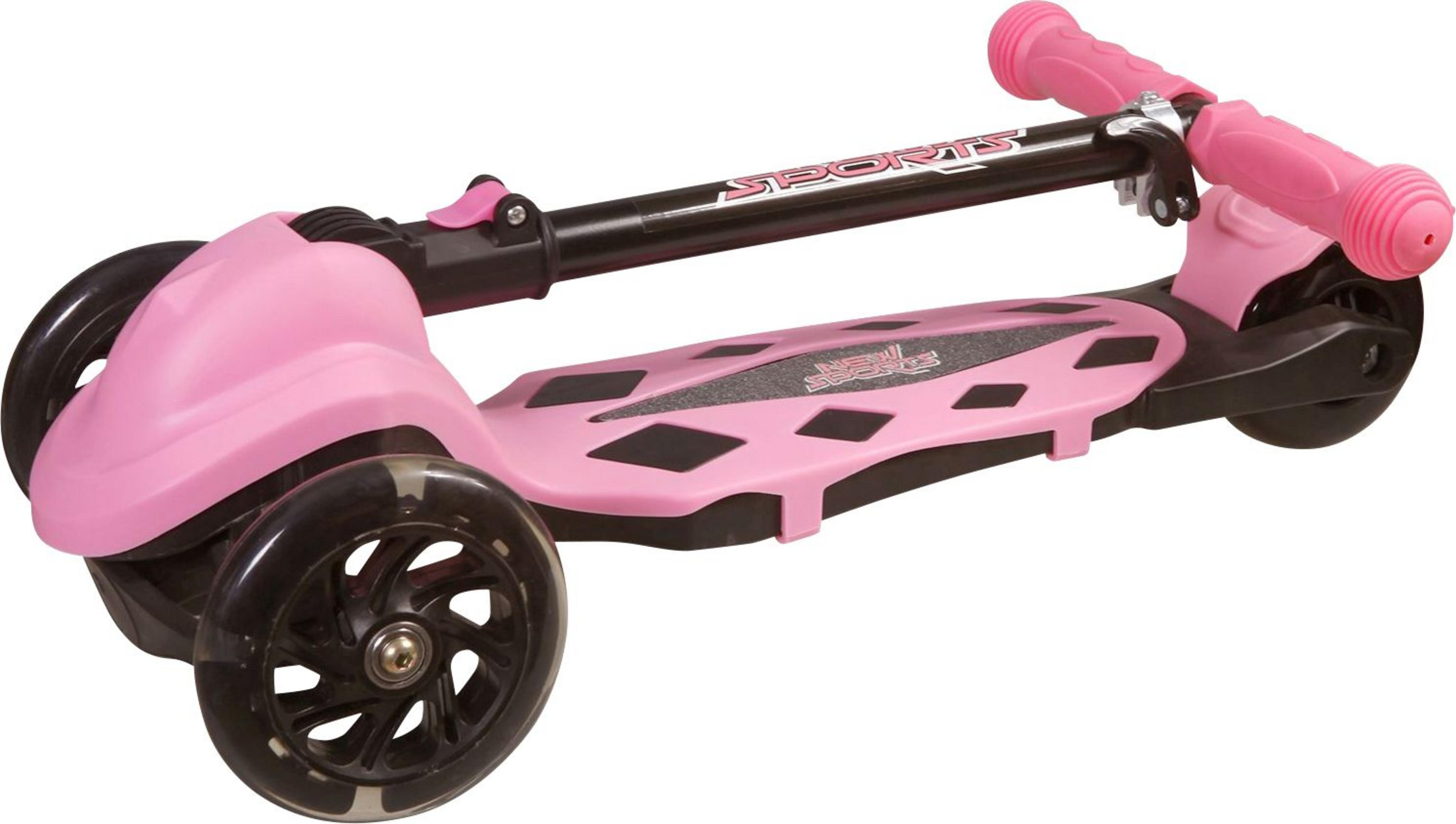 Pinker Roller mit drei Rädern. Schwarze Akzente. Weißer Hintergrund.