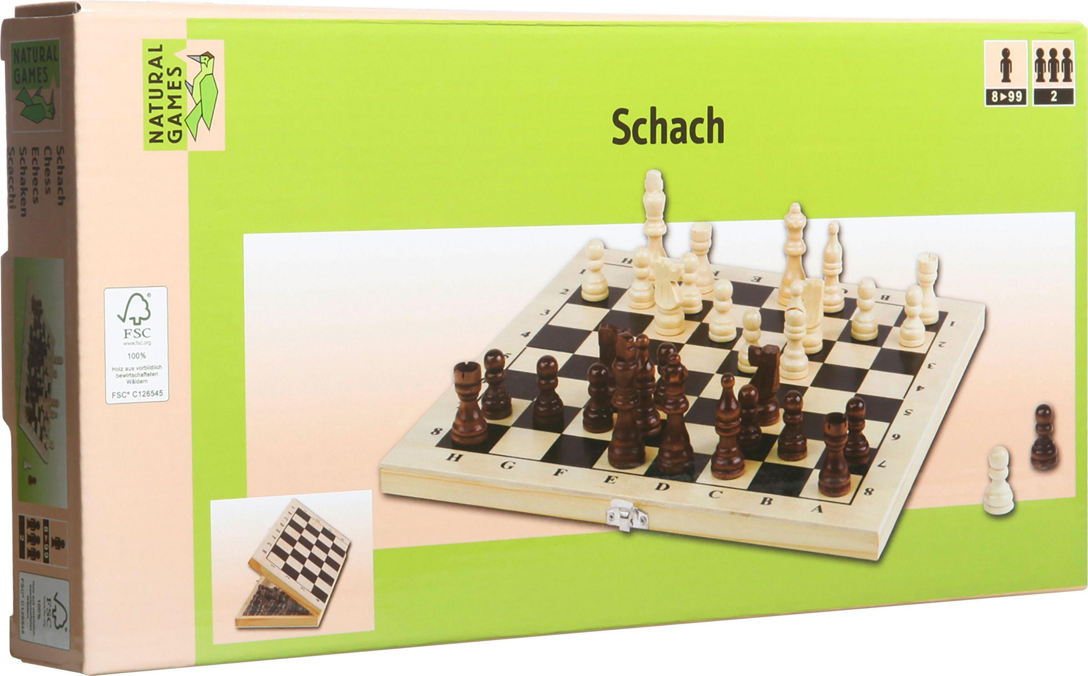 Schach-Set-Box mit Brett und Figuren, das Wort "Schach" steht auf der Box.