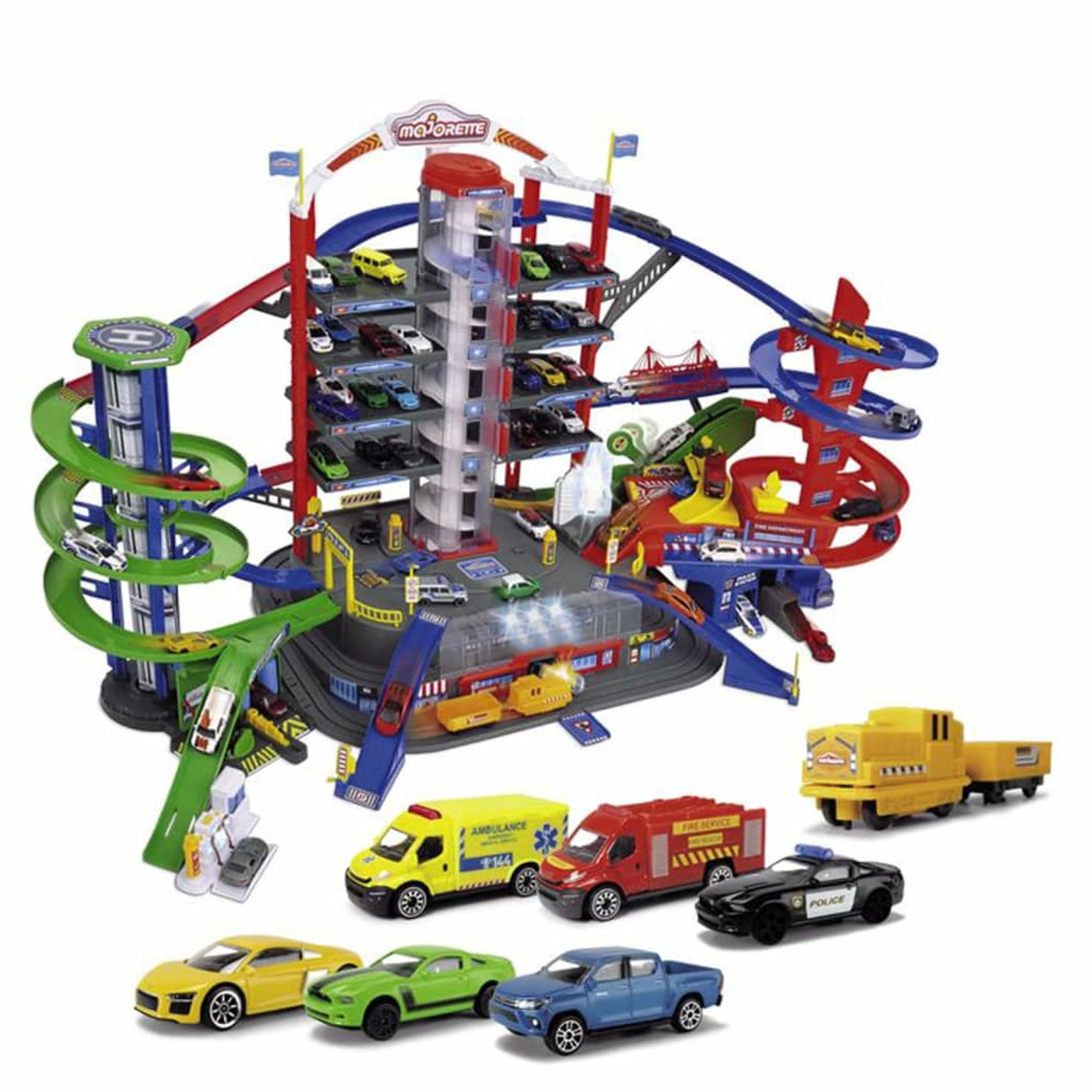 Eine große Spielzeuggarage mit mehreren Ebenen, Rampen und verschiedenen Spielzeugautos und -lastwagen.